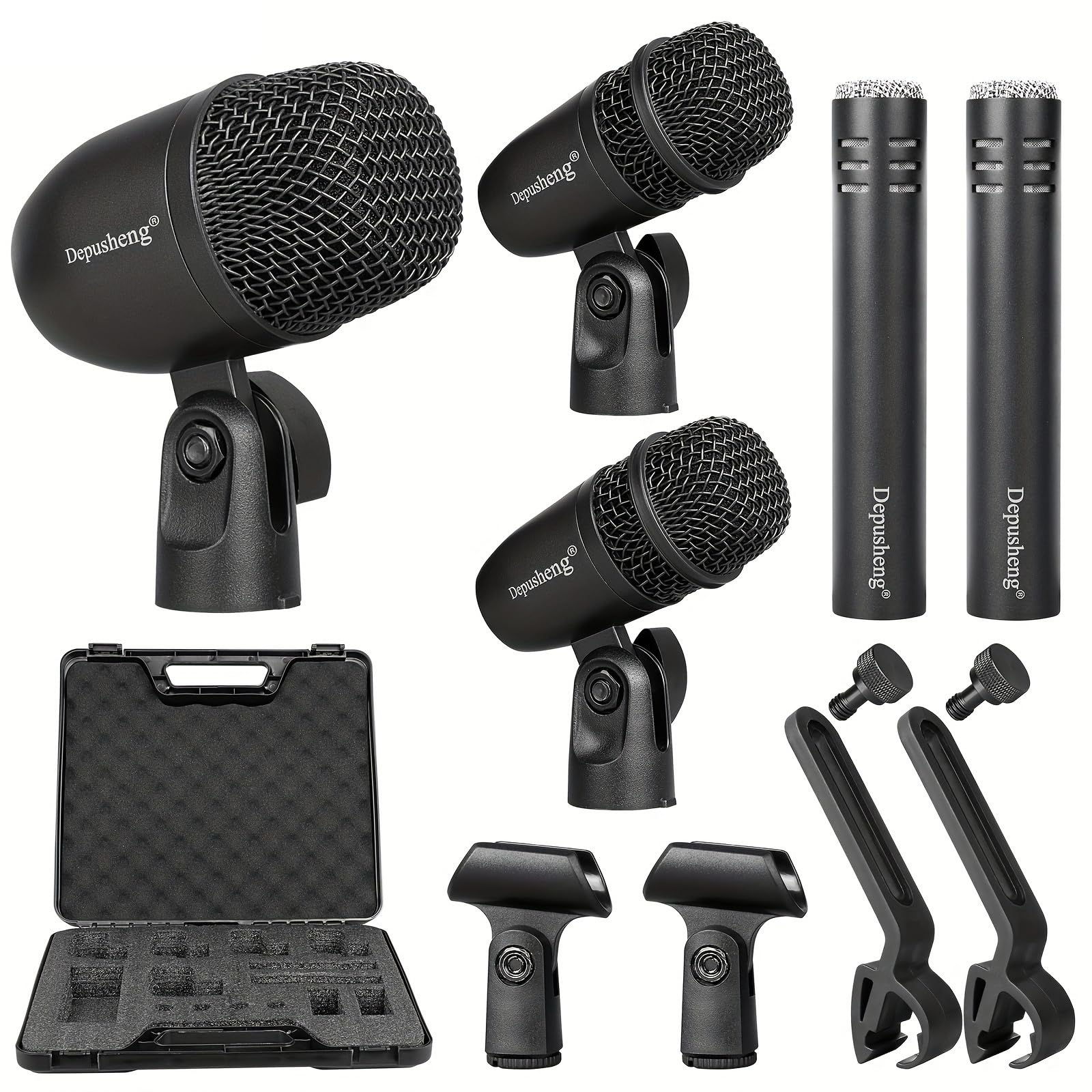 Depusheng 5-Piece Wired Dynamic Drum Mic Kit (Whole Metal) Kick Bass, Tom/Snare & Cymbals Microphone-Use for Drums, Vocal, Other Instrument Complete with Thread Clip 7 On Stage Audio Cables