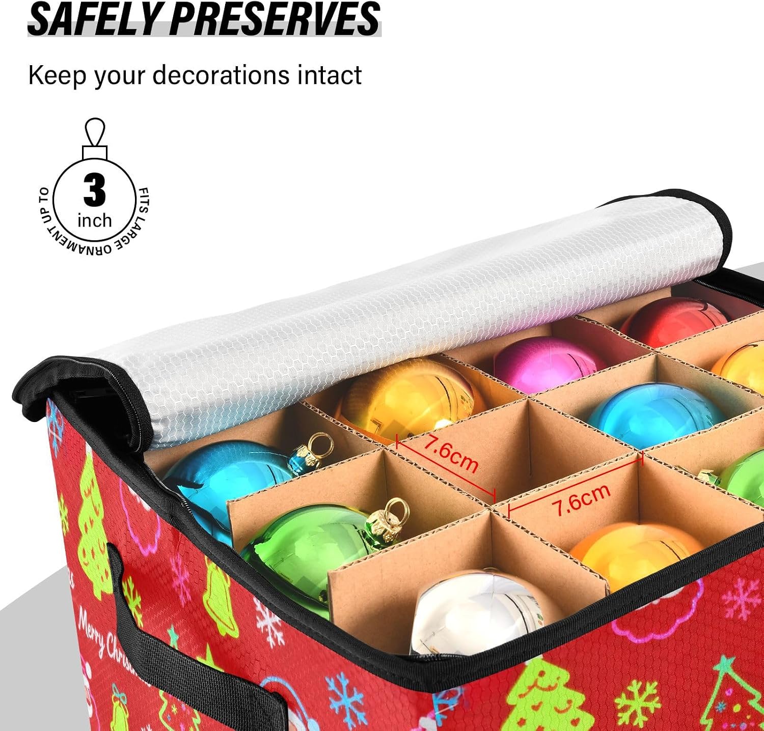 High Capacity Christmas ornament organizer Holds Up to 64, Adjustable Dividers foldable Holiday Storage Case with Lid,Christmas Snowman and Santa Red