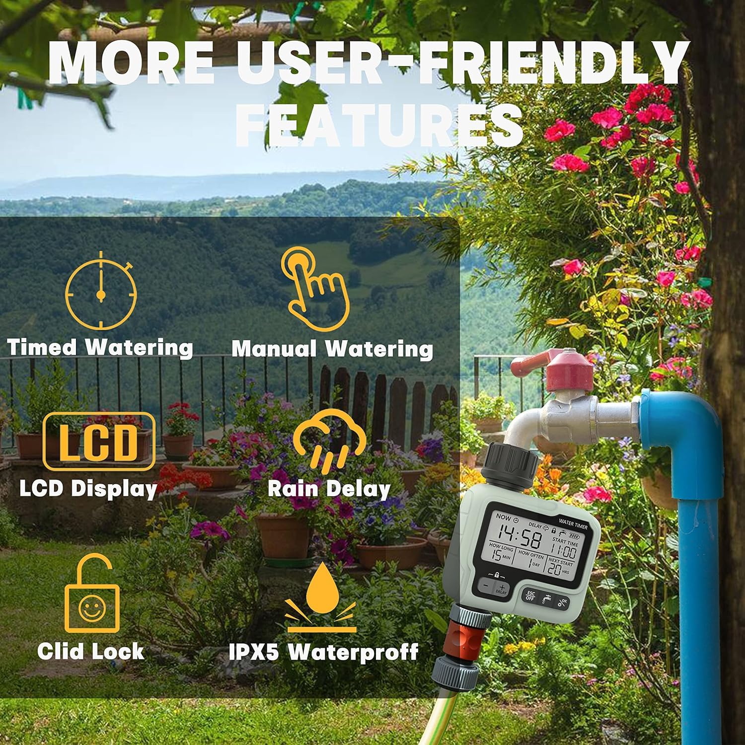 Kazeila Water Timer Programador Riego WiFi,Temporizador Riego Automatico con App, Retraso por Lluvia, WLAN 2.4GHz, Control de Voz Alexa para Jardín Rociadores