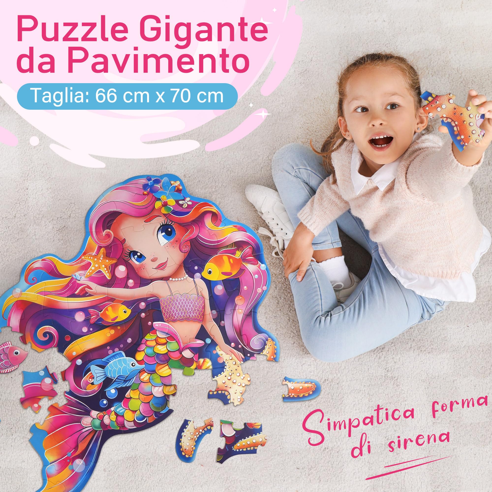 Puzzle Bambini 4 Anni XXL Sirene 52 Pezzi 66 x 70 cm Giochi Educativi 3-8 anni