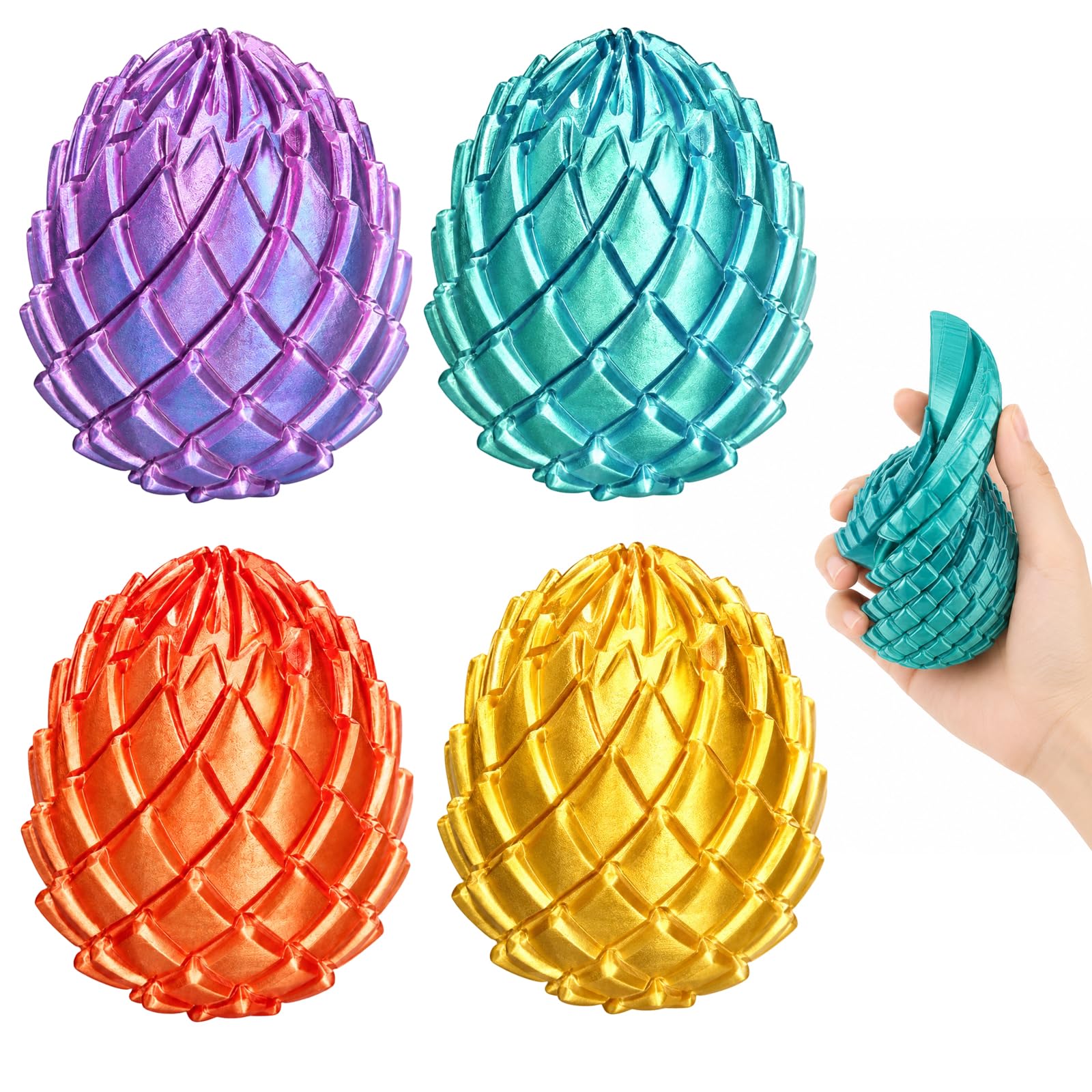 4-Pair 3D Printed Fidget Set, Articulated Twisty Fidget Dragon Egg, Sensory Desk Accessory and Stress Ball Alternative for Adults and Teens (Bright Gold, Red-Blue, Red-Gold, Blue-Green)