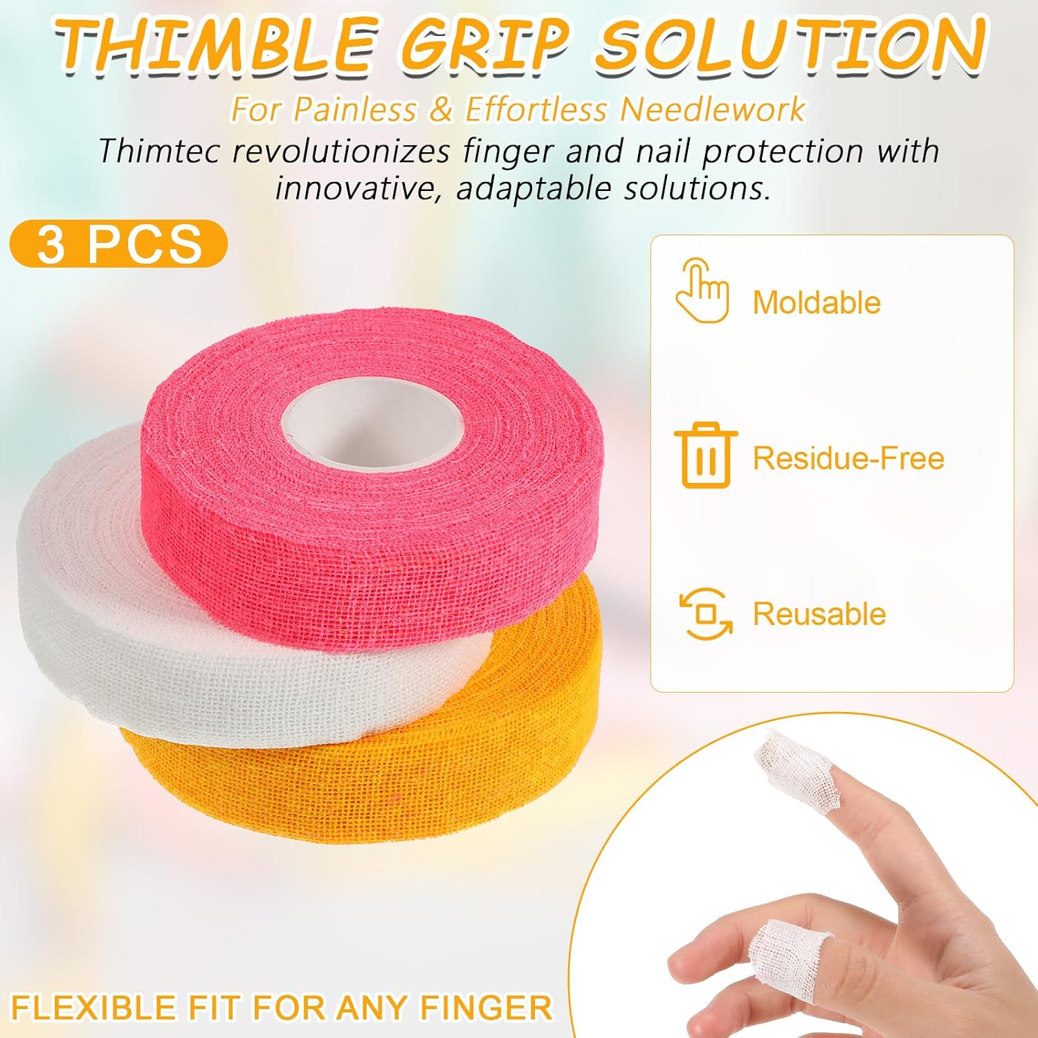 HJZHII 3 Rolls Thimble Tape for Hand Sewing, Thimble Finger Protector Tape Self Adhesive Cotton Finger Protector Breathable Fingers Tape for Quilting Crocheting Embroidery DIY Crafts