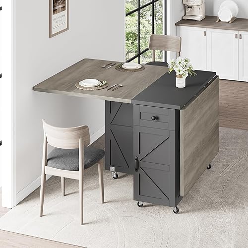 Miniatura 4 de Mesa de comedor plegable que ahorra espacio, mesa de comedor plegable de granja con cajón y estante de almacenamiento de 2 capas, mesa de cocina