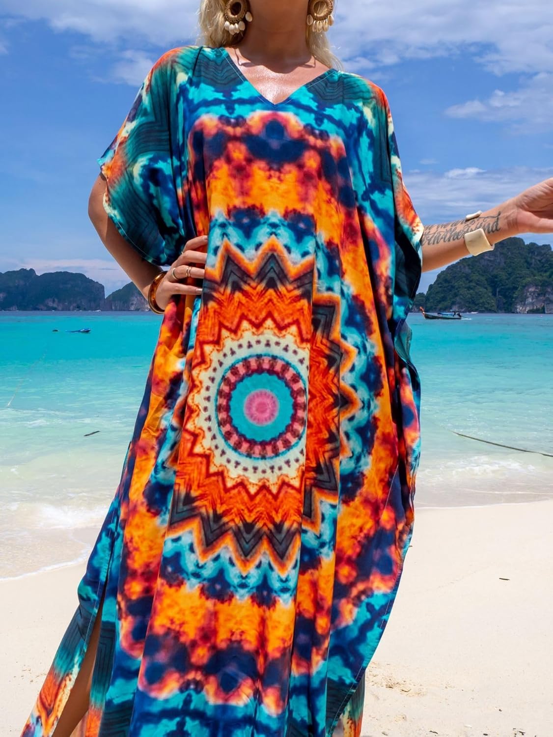 Women's Plus Size Moroccan Print V-Neck Batwing Kaftan Loose Fit Beach Dress Bathing Suit Cover Up - Image 6