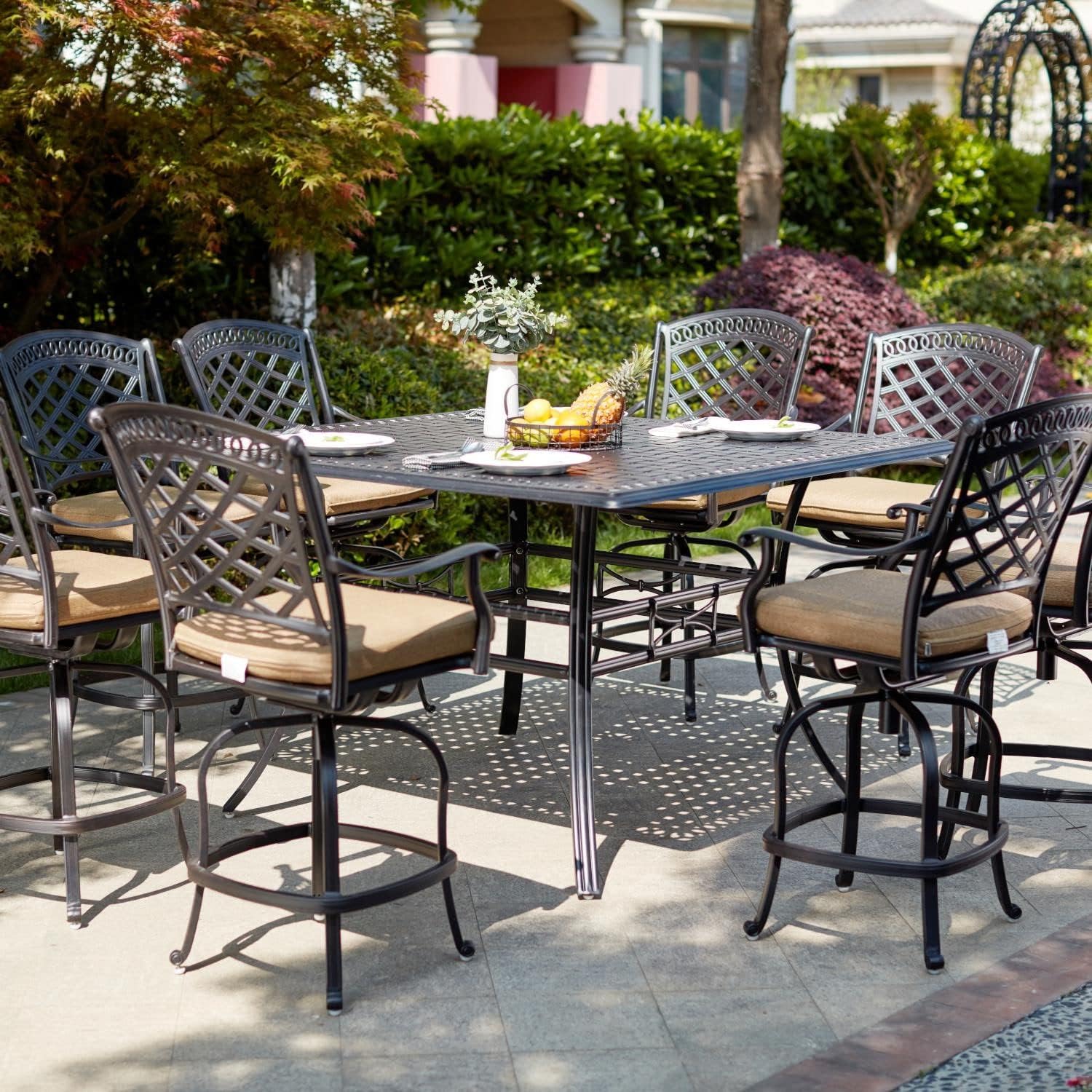 Darlee Sedona 9 Piece Cast Aluminum Patio Bar Set W/ 60 Inch Square Counter Height & Sesame Cushions, Onesize, Brown, 201030-9PC-88WCH