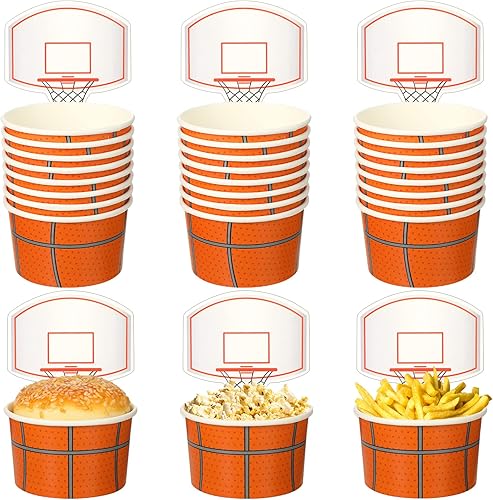Miniatura 7 de Sunnyray 48 juegos de tazas de baloncesto con tarjetas, suministros de fiesta de baloncesto, tazas de baloncesto desechables de 8 onzas, cuencos de