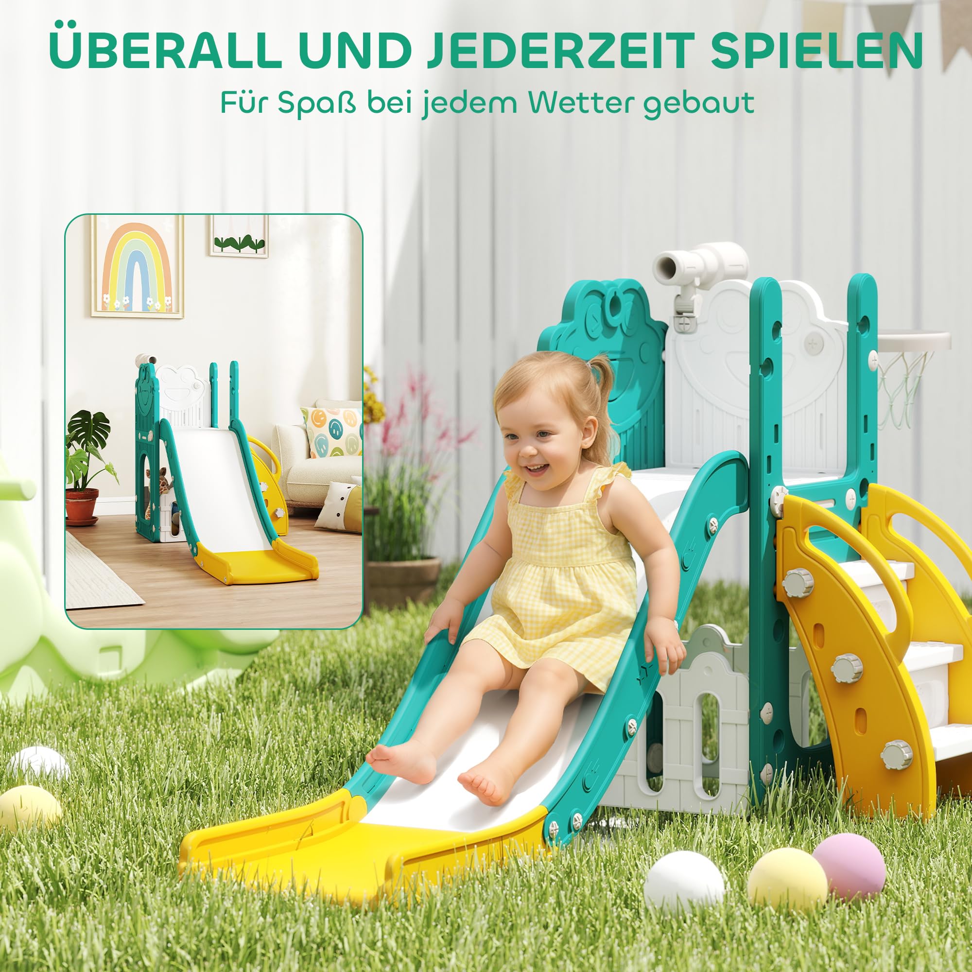 AIYAPLAY Kinderrutsche 5 in 1 Indoor und Outdoor Babyrutsche mit Basketballkorb, Klettergerüst, Spielteleskope, Stauraum, Frosch-Motiv Spielplatz für Kleinkinder 1-3 Jahre, Gelb