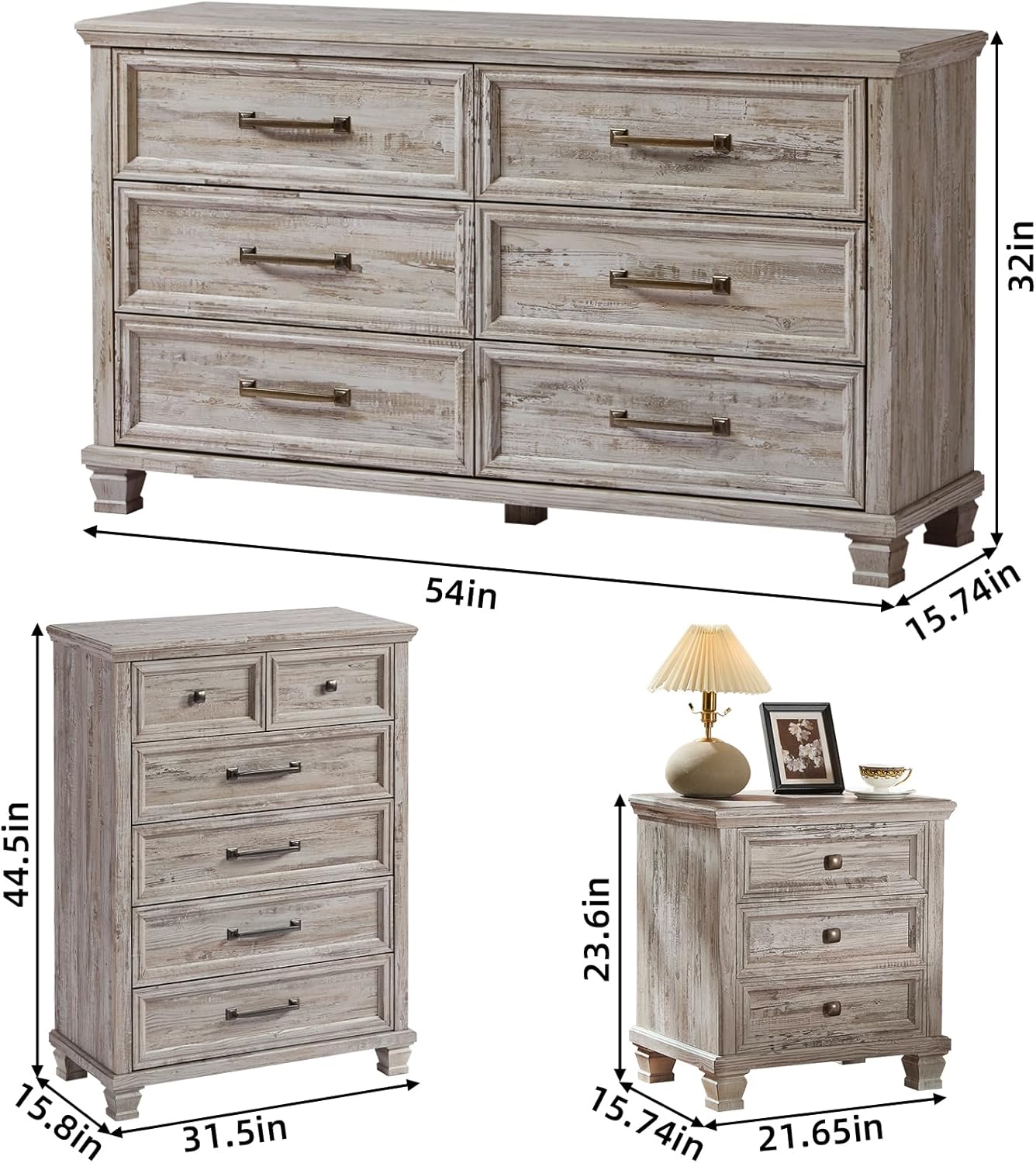 Farmhouse Bedroom Dresser and Nightstand Set of 4, 6 Drawer Tall & Low Dresser & 3 Drawer Nightstand Set with Wooden Legs, Rustic Wood Furniture Sets for Bedroom, Hallway, Grey