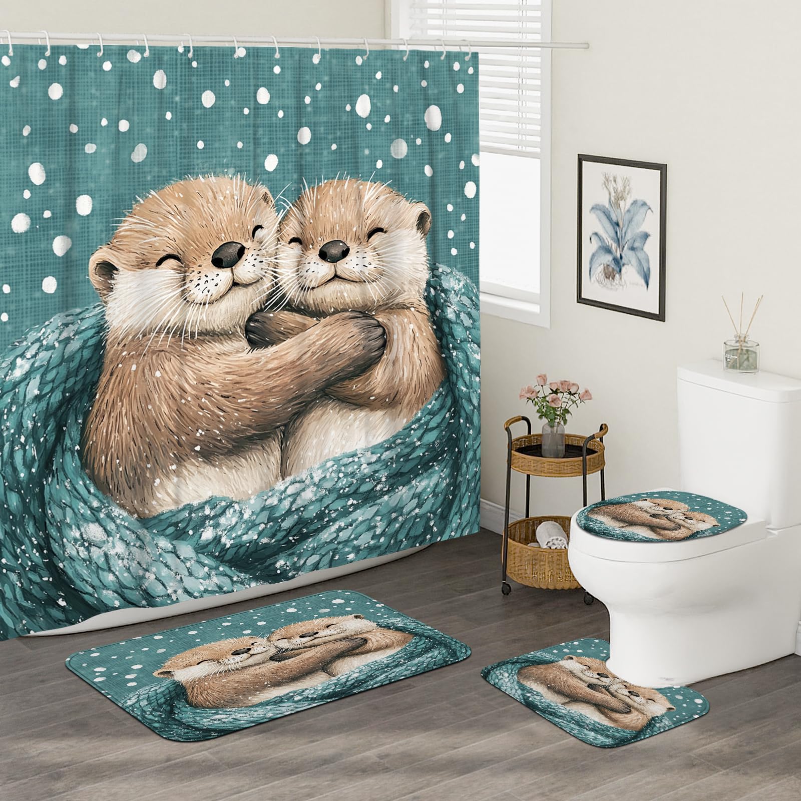 4PCS Cute Wild Otters Bathroom Accessory Sets with Non-Slip Rug, U Shape and Toilet Lid Cover Mat, Funny Winter Snowy Wildlife Bathroom Fabric Decor-72''x72''