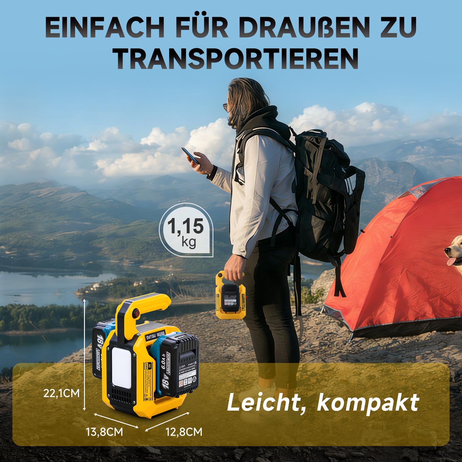 DATOUBOSS 500W Wechselrichter für 18V Akku, DC 18V auf AC 230V, Reiner Sinuswlle Spannungswandler, 4 Ports Stromwandler mit 1 USB-A & 2 USB-C Anschluss, 500LM LED Licht für Camping Notfall
