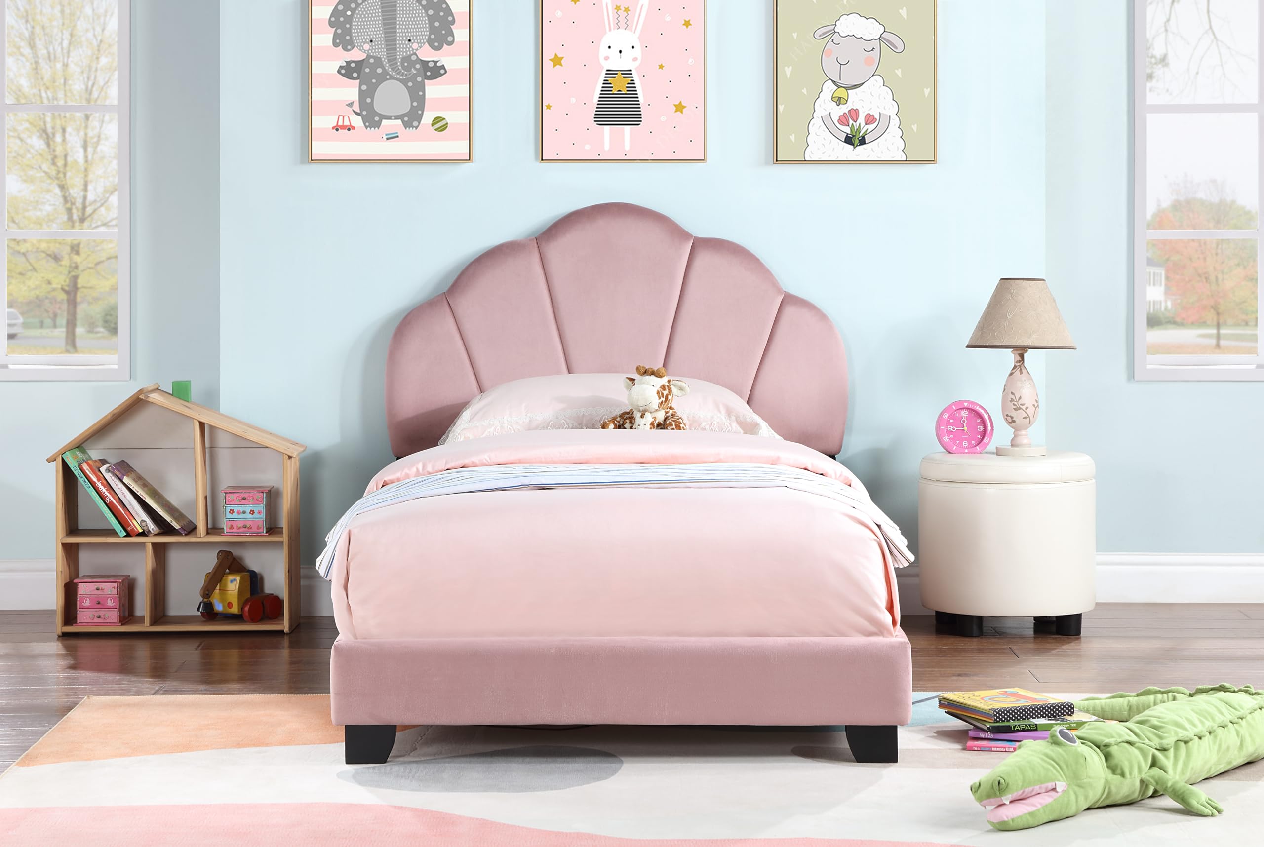 ROCKRAIN Twin Upholstered Kids Platform Bed: Shell-Shaped Velvet Headboard - Wooden Frame with Slatted Base for Girls & Boys - Easy Assembly Pink Bedroom Furniture