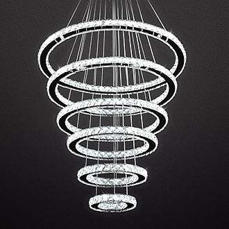 Siljoy Modern Crystal Chandelier Lighting, 6 Ring Chandelier LED Ceiling Lights Fixtures with 3-Color, High Ceiling Foyer Chandeliers for Living Room Dining Room Staircase, D8-12-16-20-24"-28"
