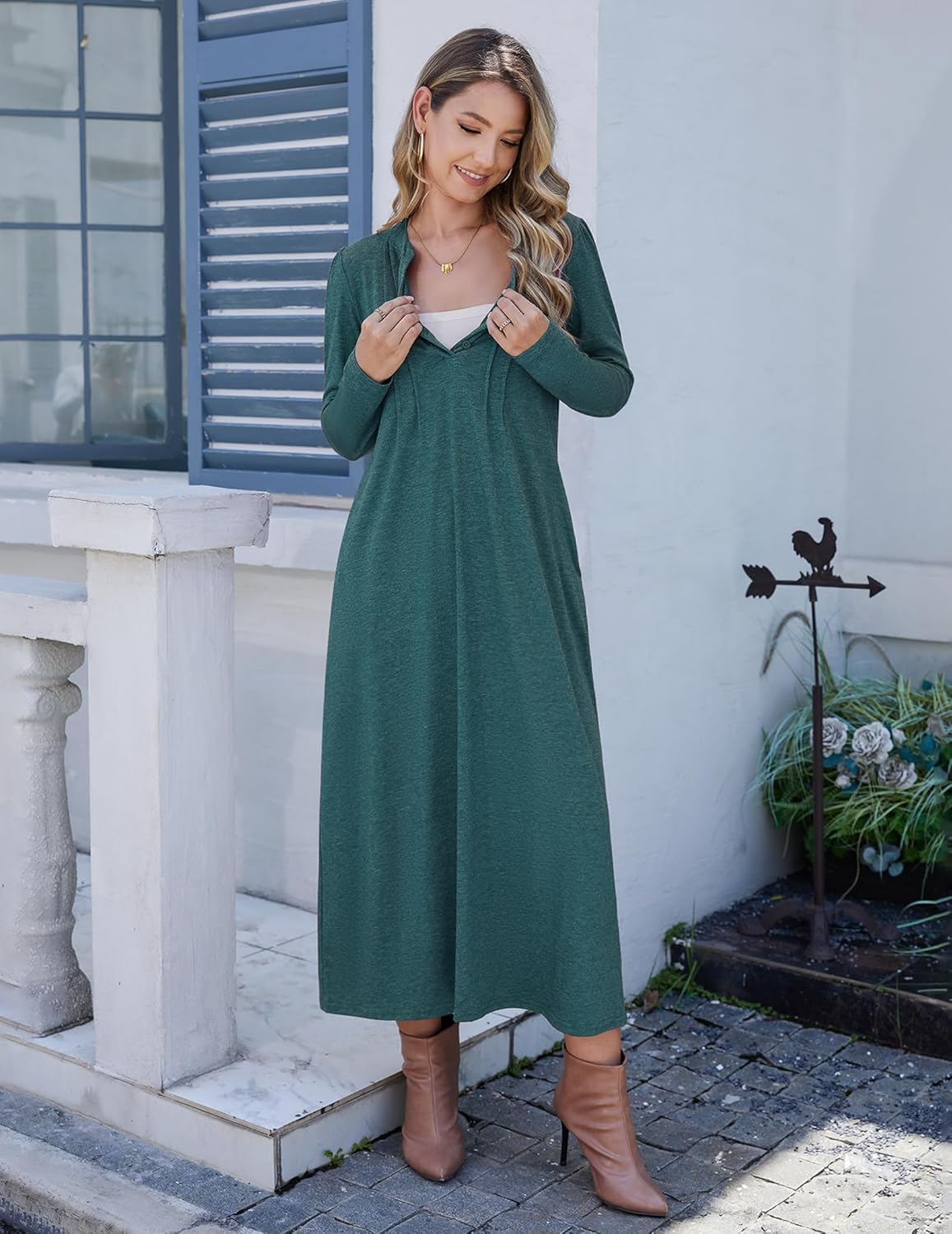 Marvmys Womens Cotton Nightgown Long Sleeve Button Up Sleep Shirts Full Length Henley Nightshirts V Neck Sleepwear S-3XL - Image 4