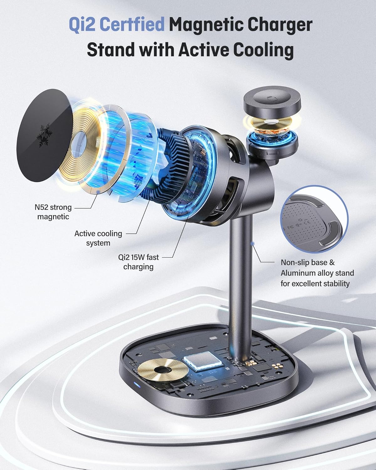 2026 New Magnetic Wireless Charger Stand with TEC Active Cooling, Certified 15w 3 in 1 Charging Station for Apple Charger Stand, Wireless Charger for iPhone17/16/15/14/13/12, Apple Watch, AirPods - Image 5