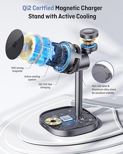 Miniatura 5 de Nuevo soporte de cargador inalámbrico magnético 2025 con refrigeración activa TEC, estación de carga 3 en 1 con certificación Qi2 de 15 W para