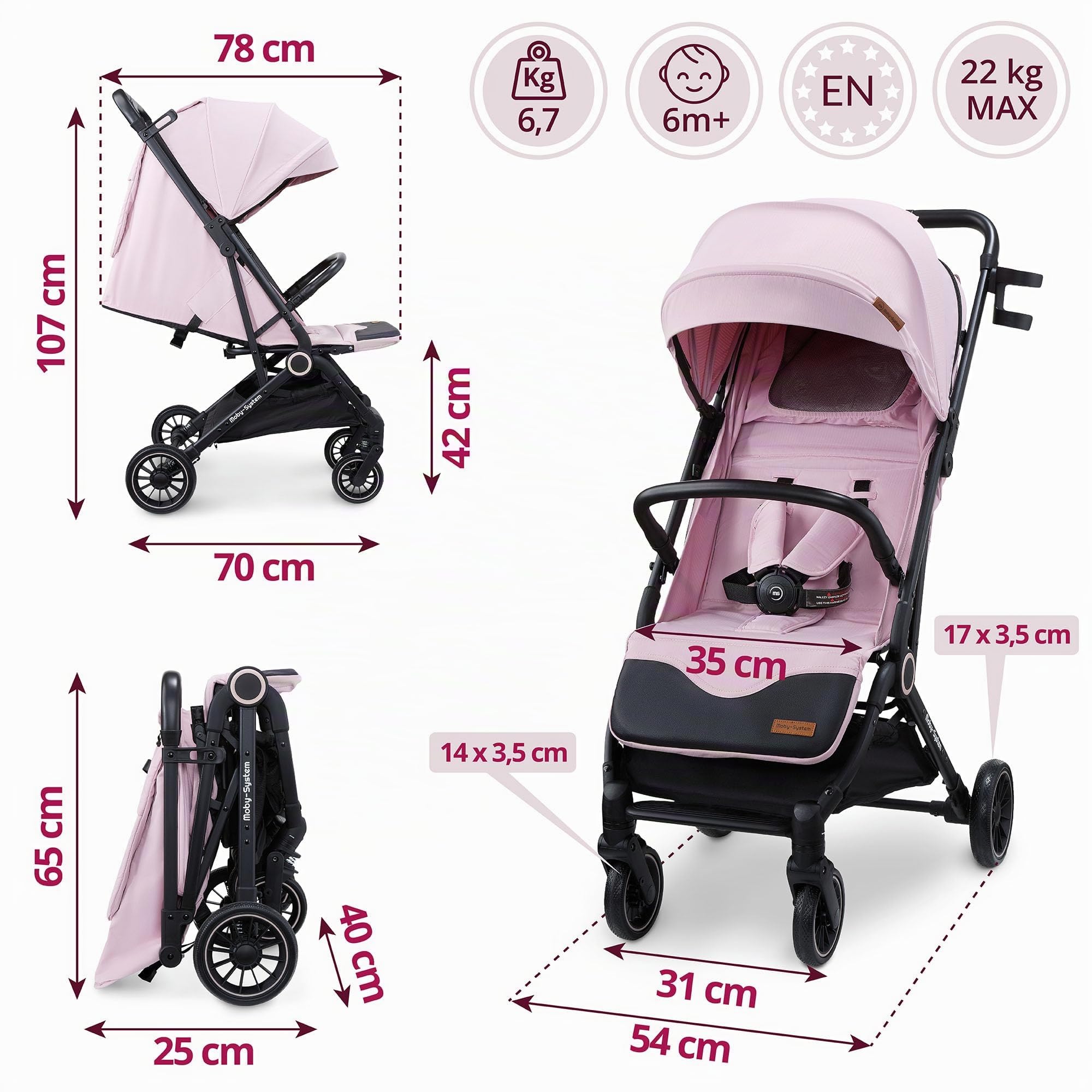 Moby-System LENA PINK PRO Poussette Canne avec Fonction Valise, Légère et Compacte 6–48 Mois, Roues EVA avec Suspension, Capote XXL, Pliage à Une Main, Rose