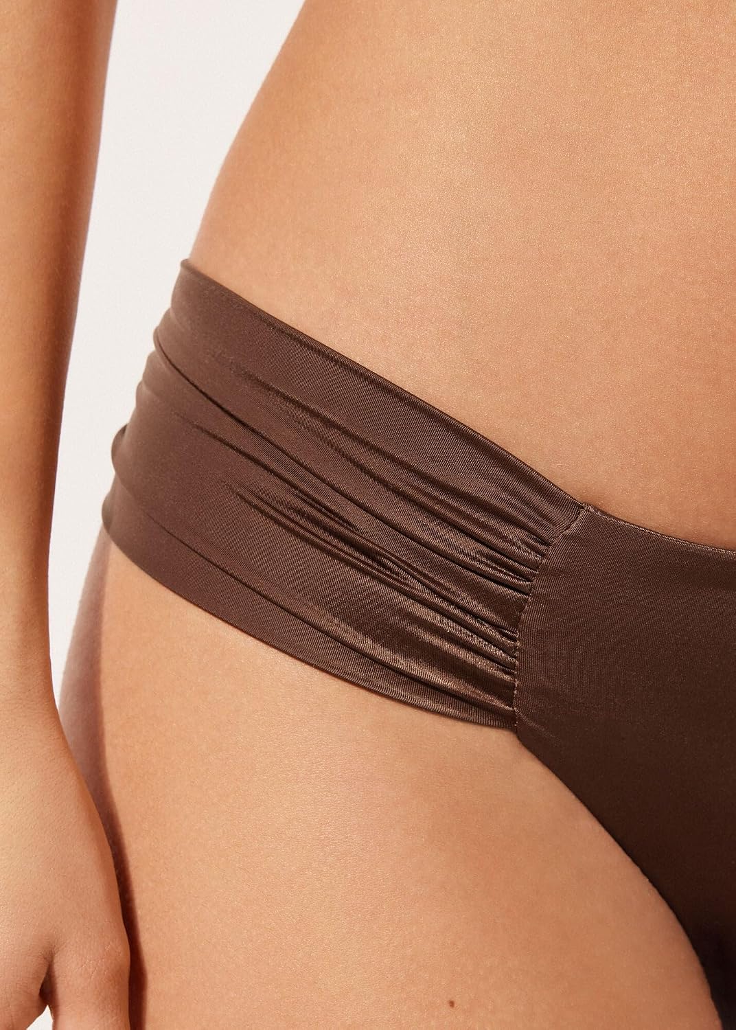 CALZEDONIA Woman's Draped Brazilian Swimsuit Bottom Shiny Satin
