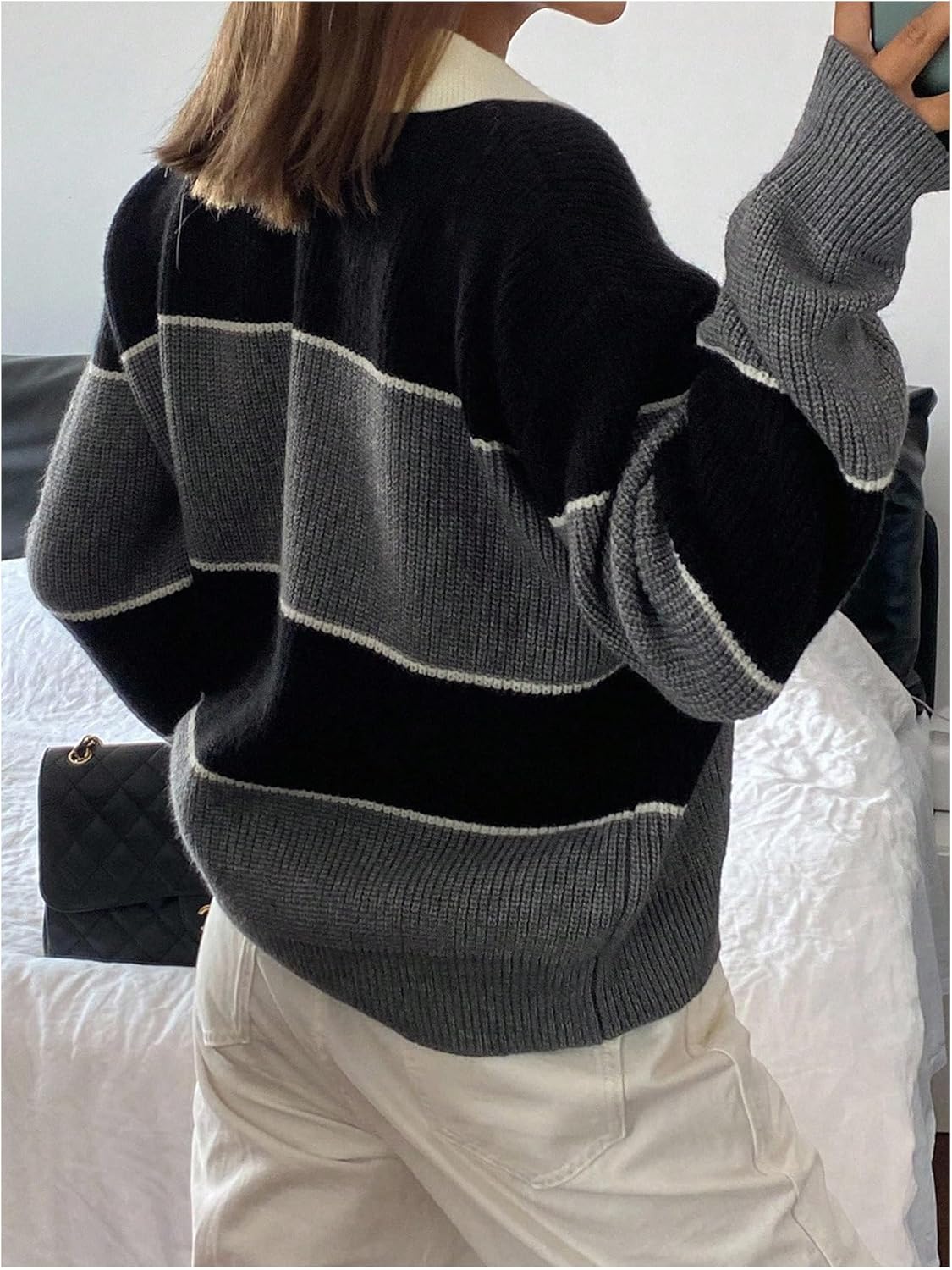 MakeMeChic Women's Striped Sweater Tops Button Up Long Sleeve Collared Preppy Sweater Rugby Shirt - Image 3
