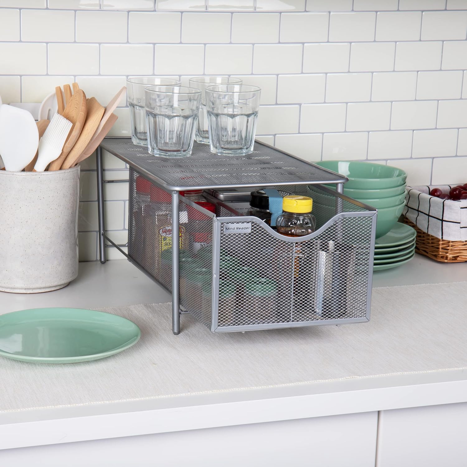 Mind Reader Organizer Storage Basket, 15.4” L x 9.4” W x 7.5” H, Silver