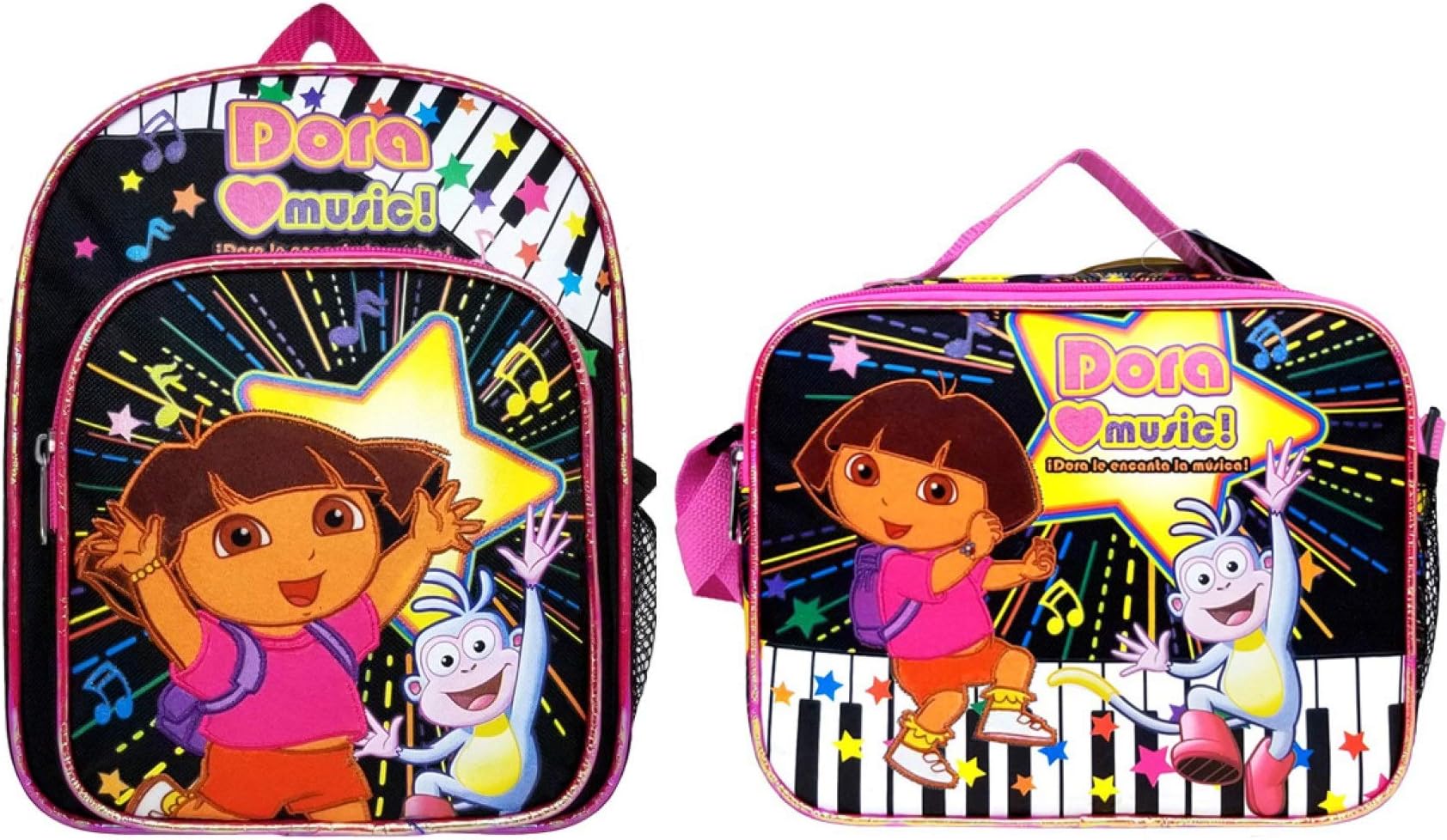 Dora the Explorer Flower Black 10" Mini Toddler Backpack Plus Lunch Bag