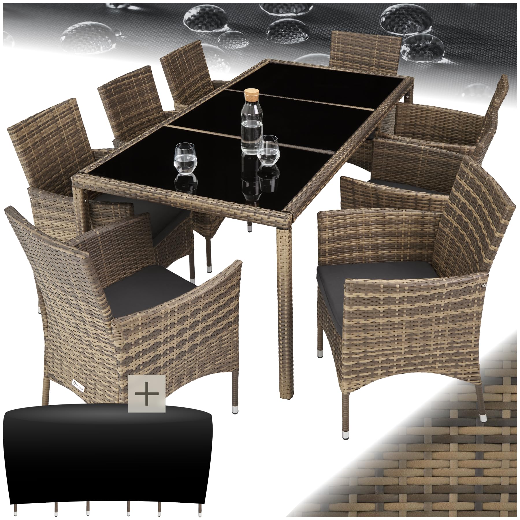 tectake® Set Mobili Giardino 8 Sedie 1 Tavolo Cuscini Morbidi Poli Rattan Naturale/Grigio Scuro