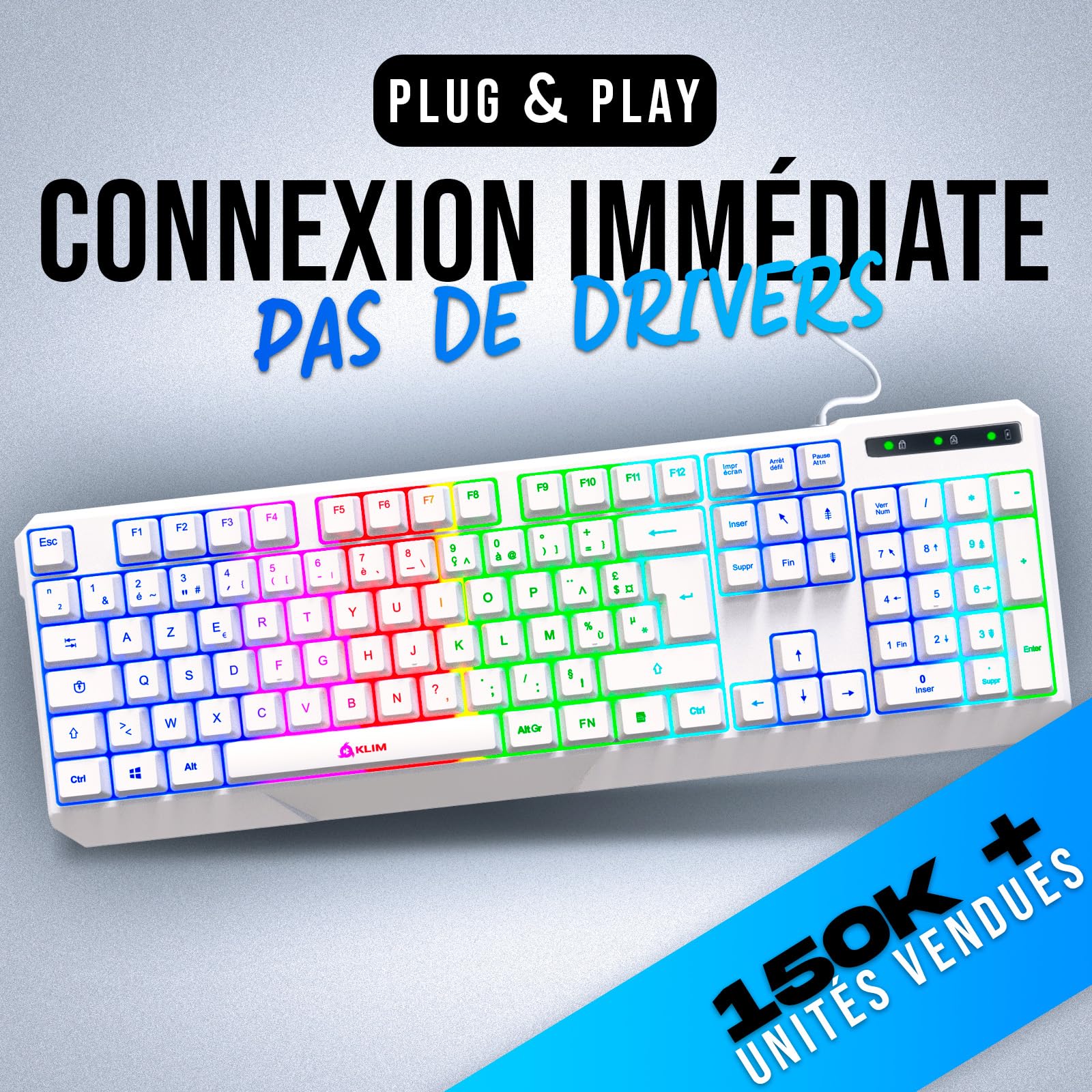 KLIM Chroma Clavier Gamer AZERTY FR + Durable, Ergonomique, Discret, Waterproof, Touches Silencieuses, USB + Clavier Filaire Rétroéclairé LED Pour PC Gaming PS4 Mac + Nouvelle Version 2022 + Blanc