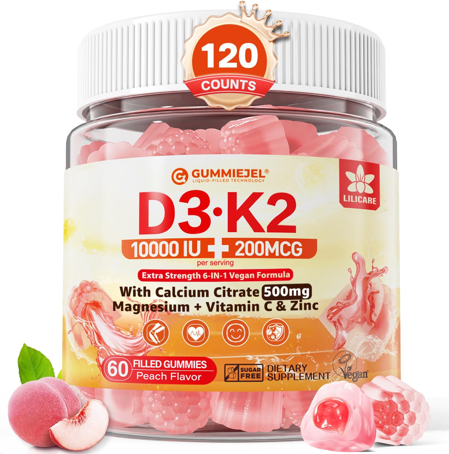 Vitamin D3 K2 Filled Gummies 5000IU / 10,000 IU with 500mg Calcium + K2(MK-7) 200mcg, Magnesium, Vitamin C & Zinc, Extra Strength - Ultimate Absorbency for Bones Muscles Teeth, Vegan -- Pack of 2