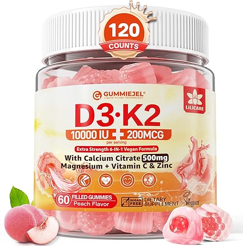Paquete de 2 gomitas rellenas de vitamina D3 K2 sin azúcar, 5000IU 10,000 UI con 500 mg de calcio + K2 (MK-7) 200 mcg, citrato de magnesio,