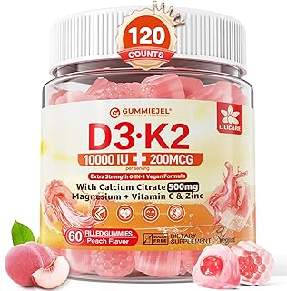 Vitamin D3 K2 Filled Gummies 5000IU / 10,000 IU with 500mg Calcium + K2(MK-7) 200mcg, Magnesium, Vitamin C & Zinc, Extra Strength - Ultimate Absorbency for Bones Muscles Teeth, Vegan -- Pack of 2