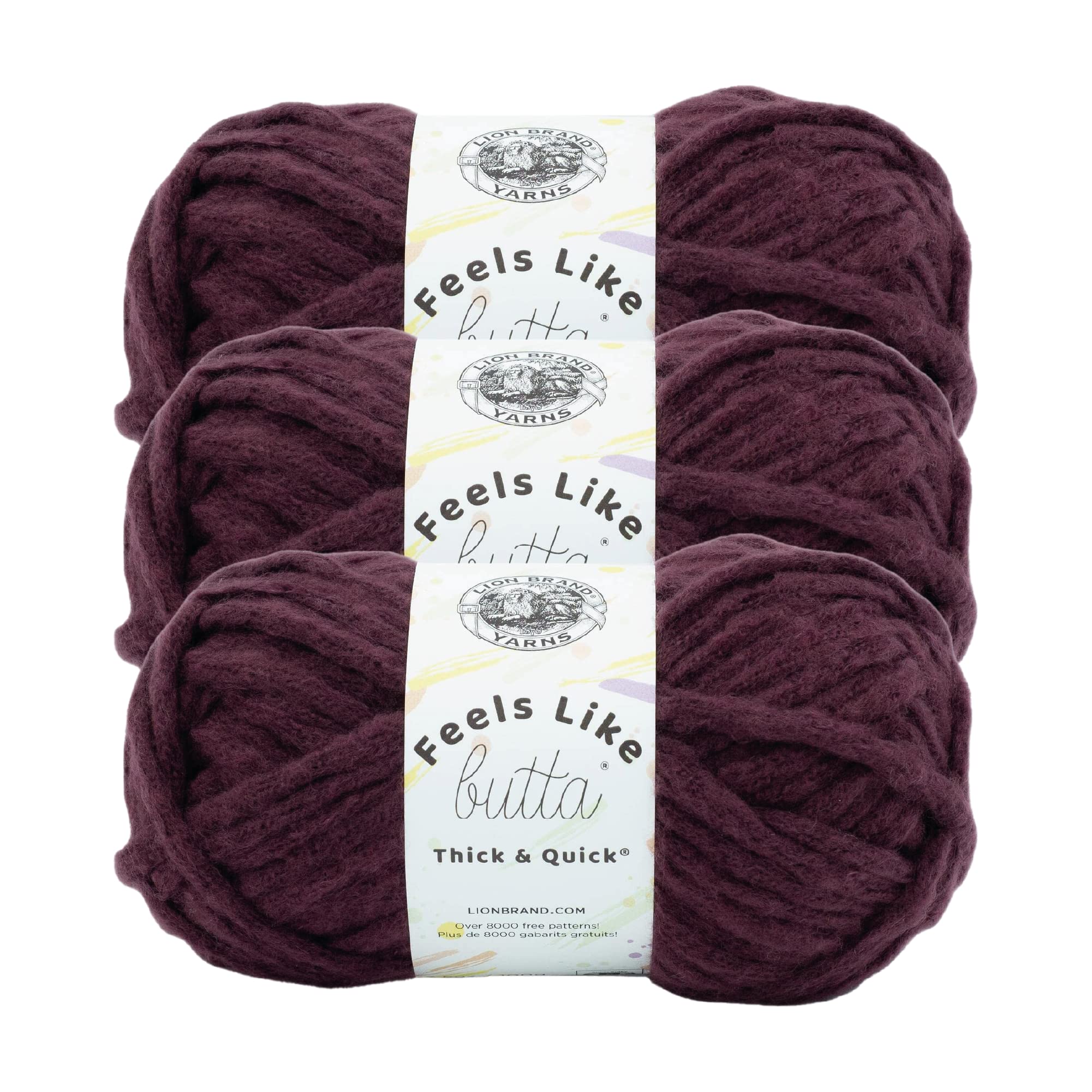 Lion Brand Yarn Feels Like Butta Thick & Quick Super Bulky Yarn for Knitting, 3 Pack, Vineyard Wine