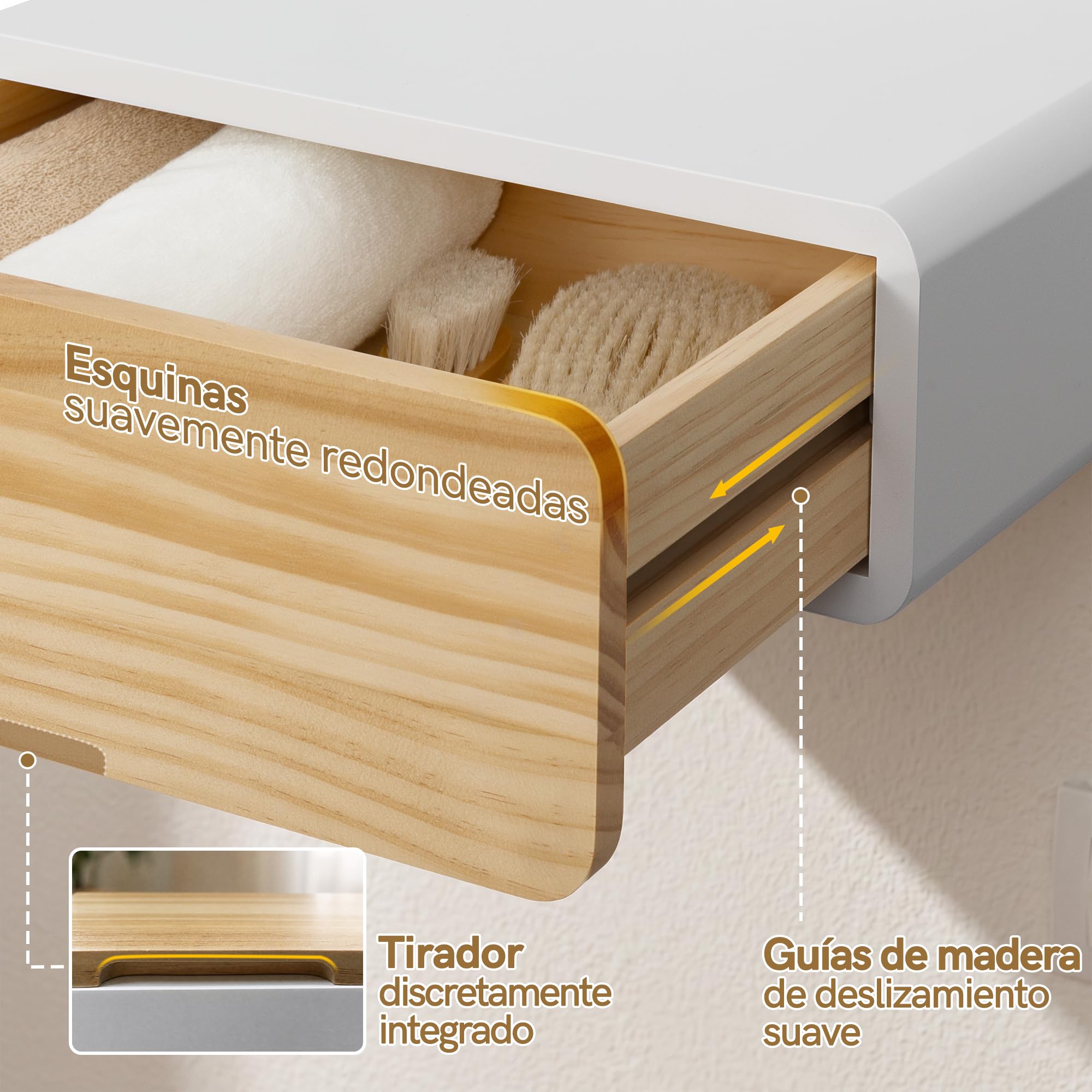 SUMGAR Mesita de Noche Flotante Blanca con Cajón Mesa de Noche Dormitorio | Premontada, Mesilla de Pared de Madera, tirador oculto, esquinas redondeadas, 28,5 x 40 x 13cm, hasta 8kg, espacios pequeños