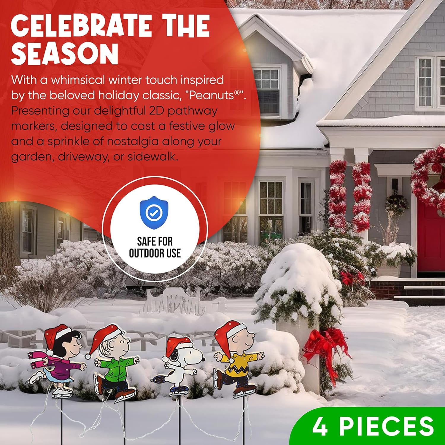 PRODUCTWORKS 12-Inch Peanuts 2D Pre-Lit Yard Art with 40 LED Lights Flat PVC Christmas Pathway Markers with Lucy, Linus, Snoopy and Charlie Brown