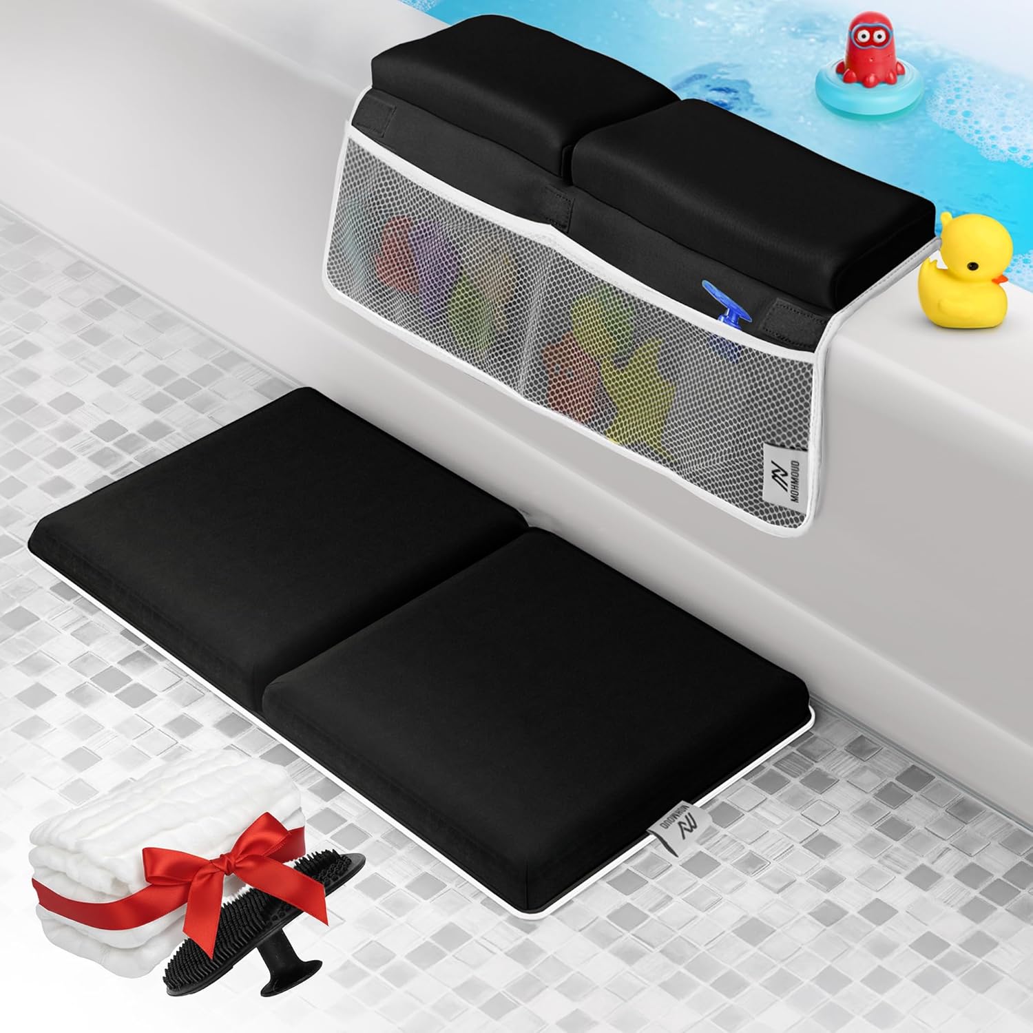 Baby Bath Kneeler & Elbow Rest Pad – Extra Thick Foam Pads for Comfort | Non-Slip, Machine Washable with Mesh Pockets & Suction Cups | Bonus Baby Brush & Washcloth – Thoughtful Gift for New Parents