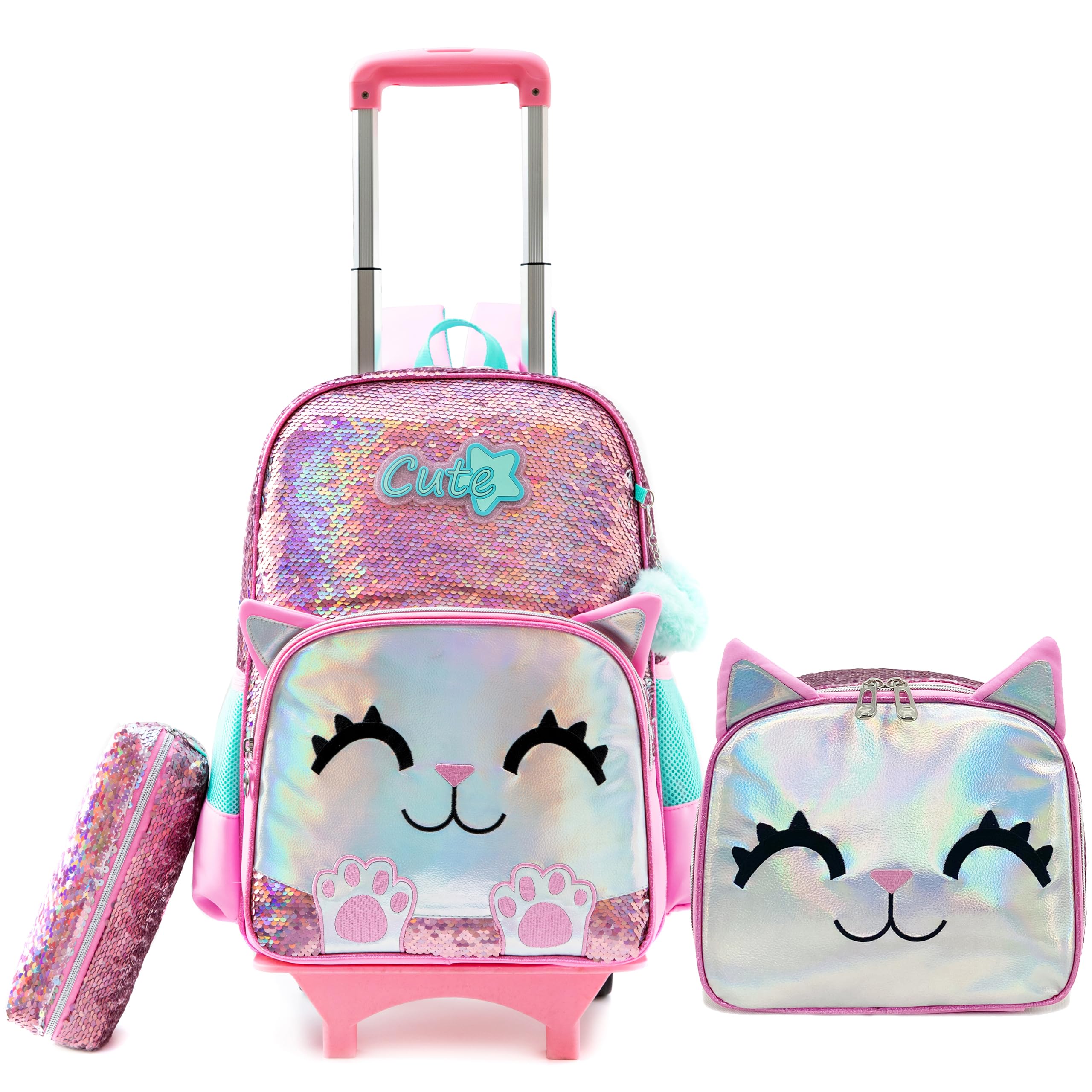 HTgroce Mochila Con Ruedas Niña con Estuche para Lápices y Bolsa para el Almuerzo, Mochilas Escolares Con Ruedas, Mochila 3 en 1 con Mochilas Escolares Con Ruedas