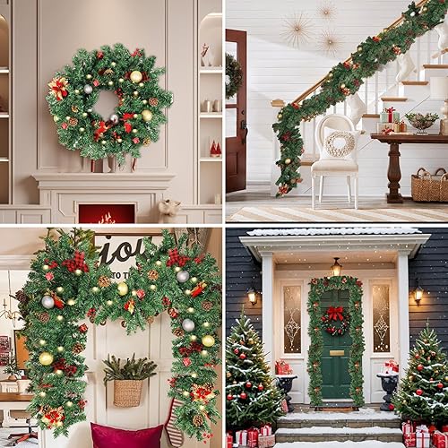 Miniatura 3 de Guirnalda de Navidad con luces, corona de Navidad preiluminada de 9 pies con 50 luces blancas cálidas, 8 modos de iluminación, guirnalda de pino