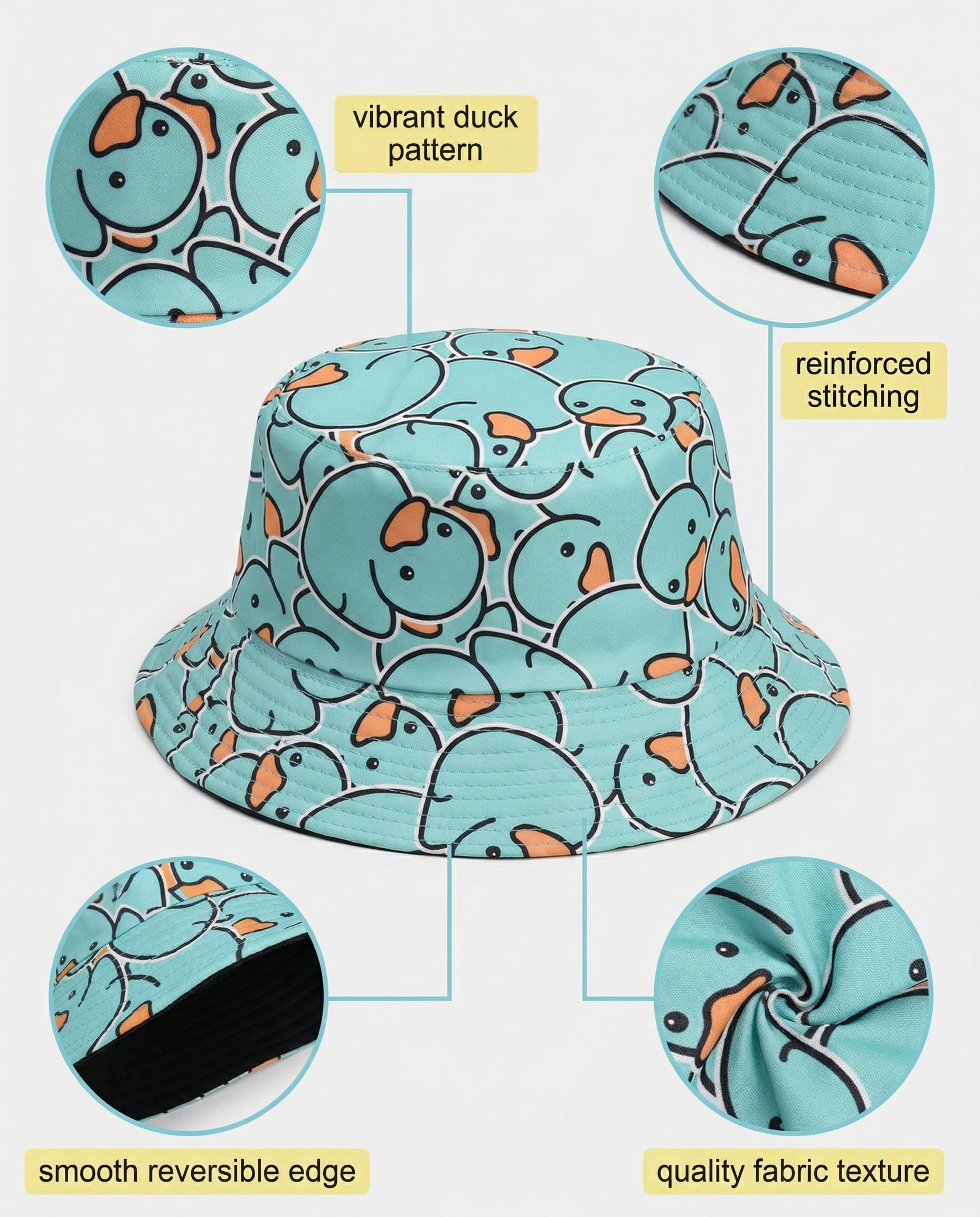 Sombrero Divertido para el Sol de Verano, Gorro de Pescador Reversible con Ala Ancha, Diseño de Pato Amarillo para Niños y Adultos, Unisex (Amarillo)