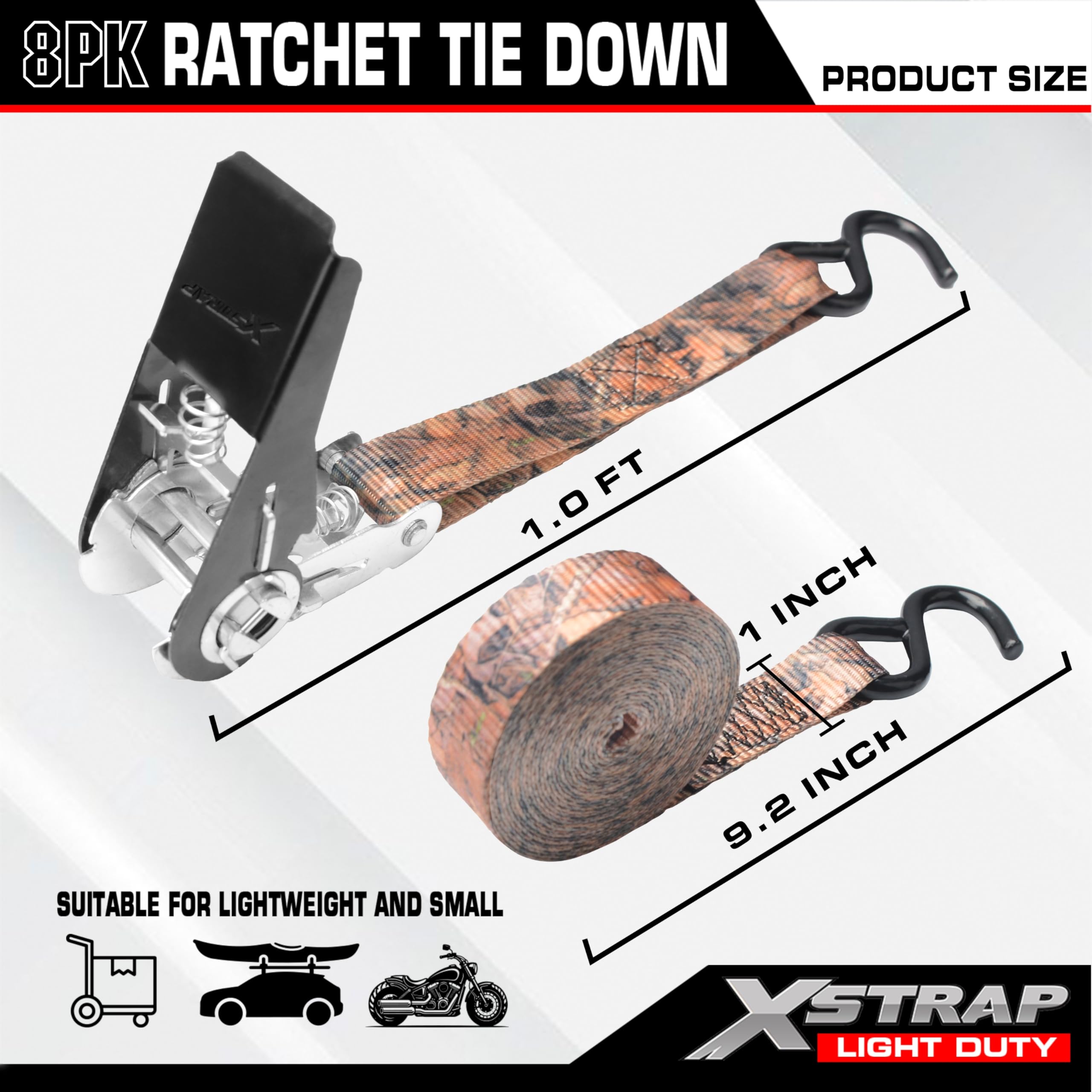 XSTRAP Correas de amarre de trinquete – 8 unidades – 1 x 10 pies – 408 kg – Correas de carga de resistencia a la rotura para aparatos móviles, equipo de césped, motocicleta (camuflaje2)