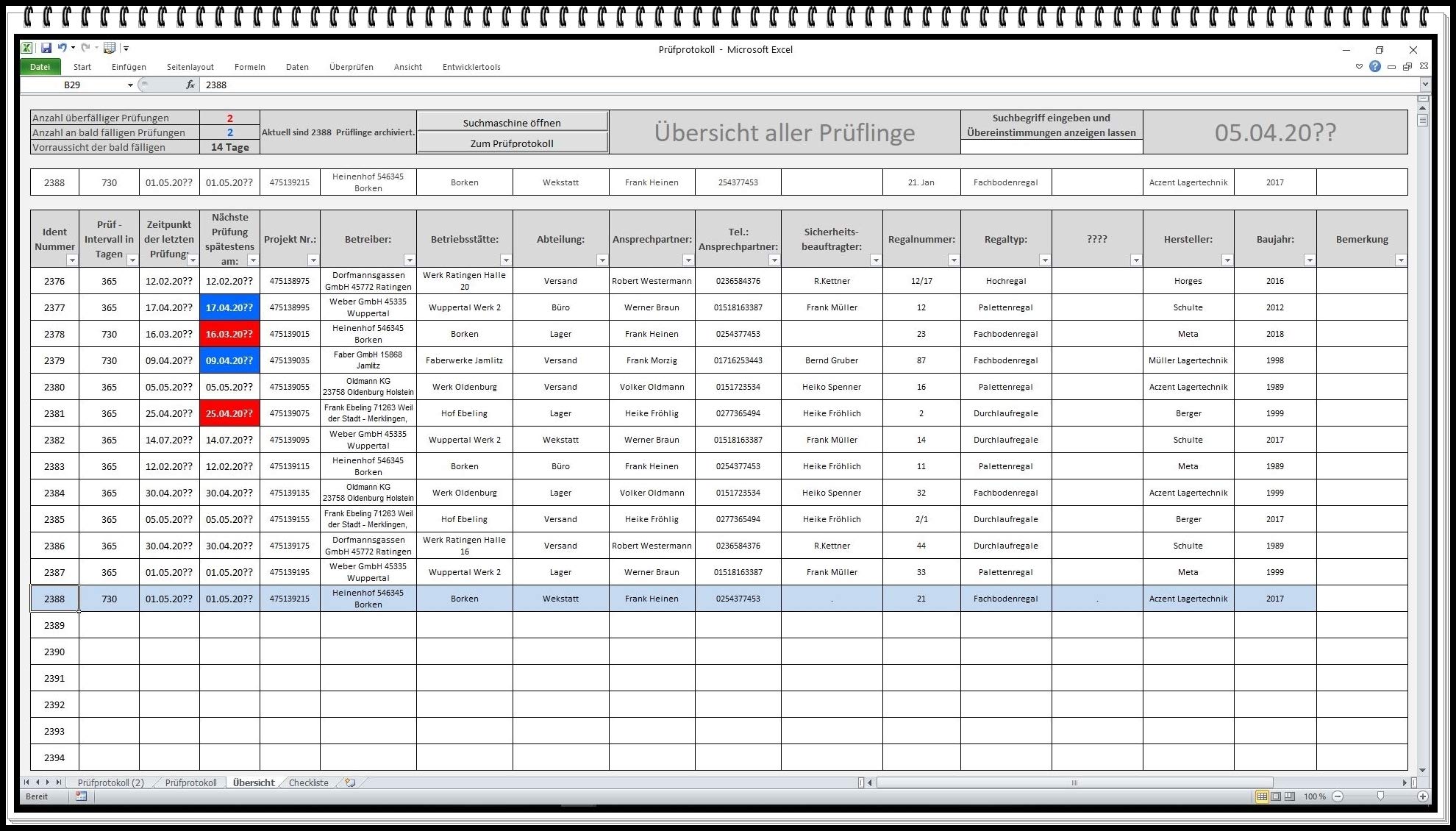 SEK DGUV Prüfbuch Regale Excel – Regalprüfung Software nach DIN EN 15635 mit Prüfintervallen, PDF-Export & Erinnerungsfunktion