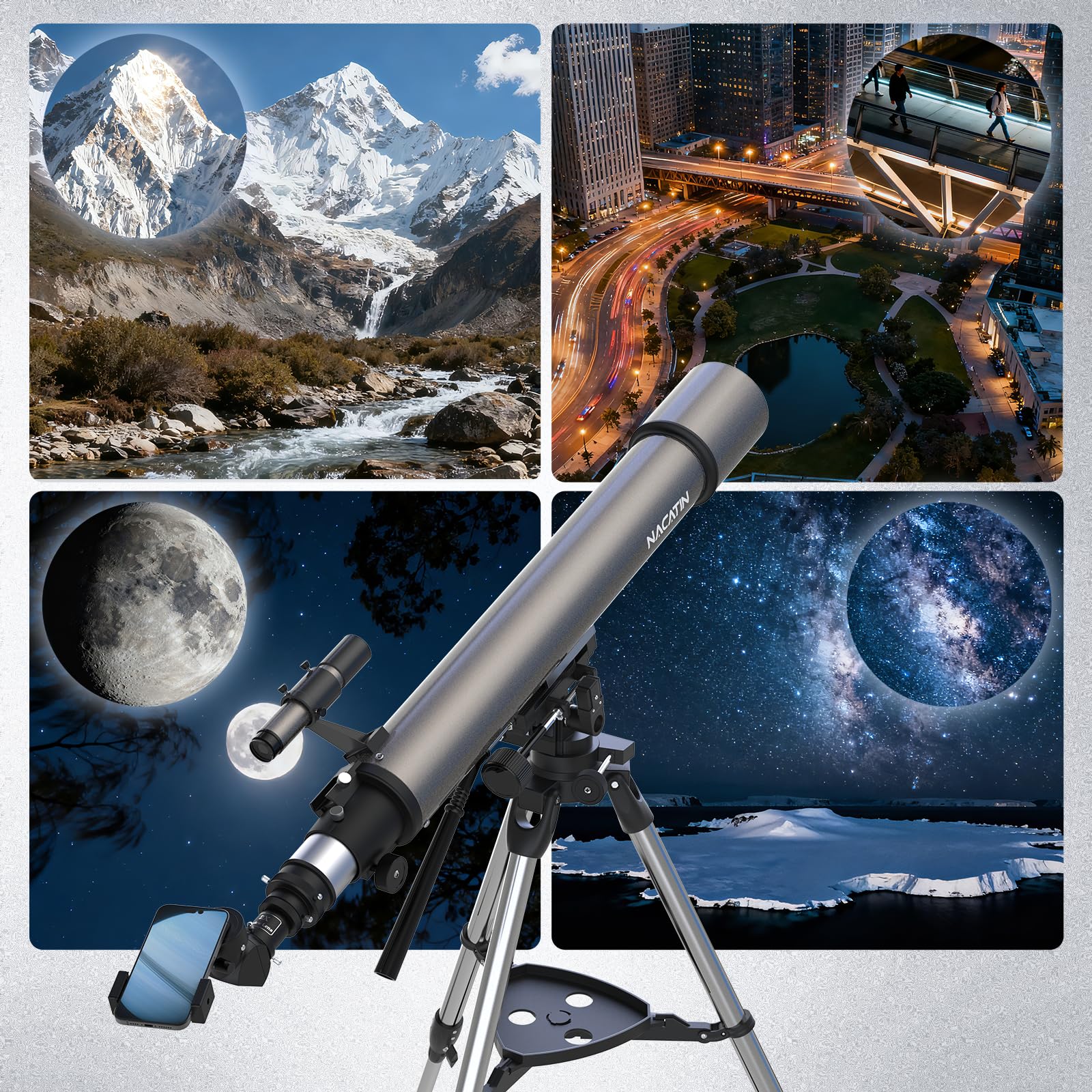 Télescope Astronomique NACATIN pour Adultes et Enfants, 102mm d'Ouverture et 900mm de Distance Focale avec Contrôles Slow-Motion, 4 Oculaires et Trépied INOX