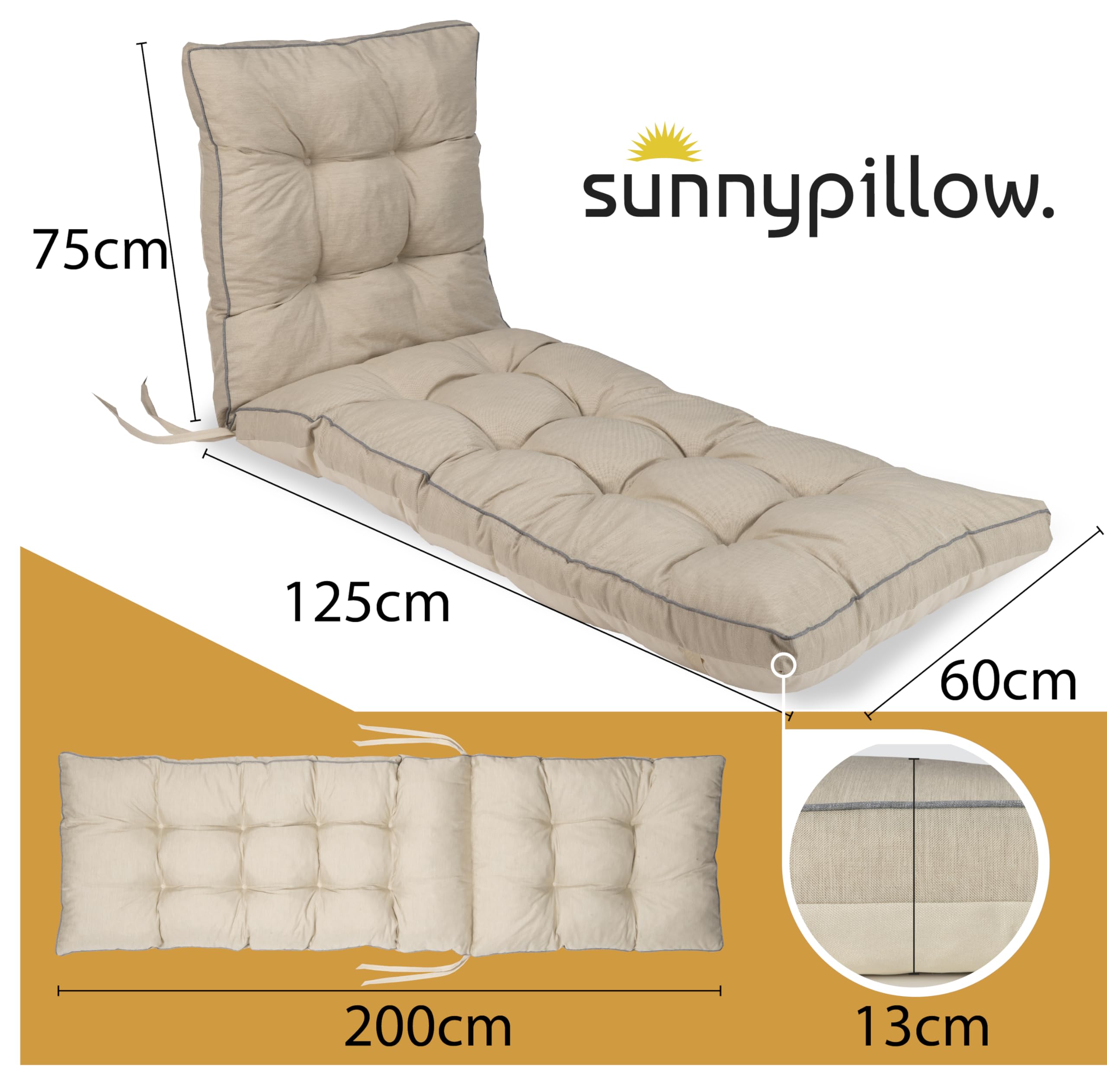 sunnypillow Cousisn Chaise Longue pour Jardin Extra épais 13 cm - Matelas de Bain de Soleil 200 x 60 cm - Extérieur, Imperméable, Résistant aux UV - Matelas pour transat - Fabriqué en UE - Ecru