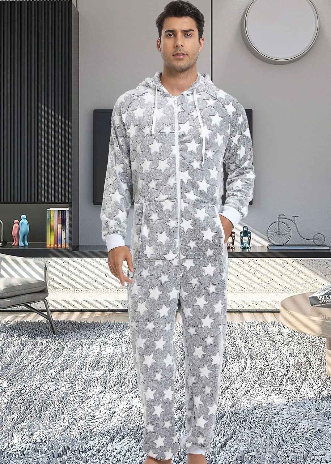 Men's Flannel 1-Piece Pajamas, Hooded Comfortable Loungewear for Christmas, with Large Pockets Soft Flannel Design