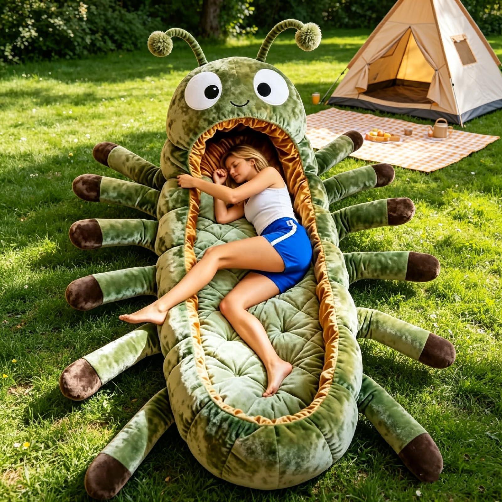 Hugging Caterpillar Sleeping Bags – Plush Cocoon Full-Body Lounger, Indoor Nap Pod, Pull Cord Hugging System, Cozy Reading Nest, Soft Convertible Sleeping Bag, Travel & Indoor Use