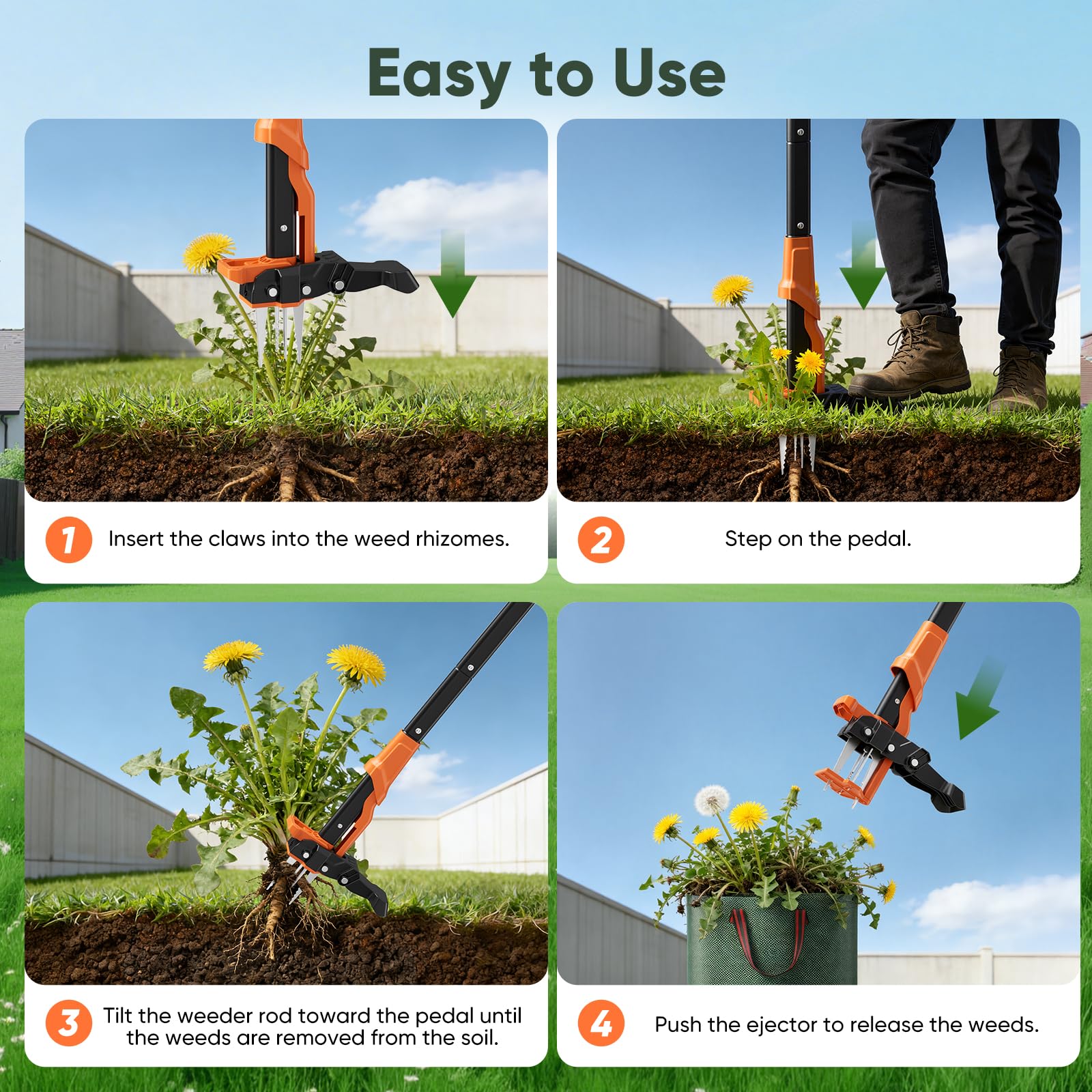 Weed Puller with 60L Garden Bag, Length 100cm, with 4 Strong Claws, Garden Tool for Lawn, Patio, Garden - 3