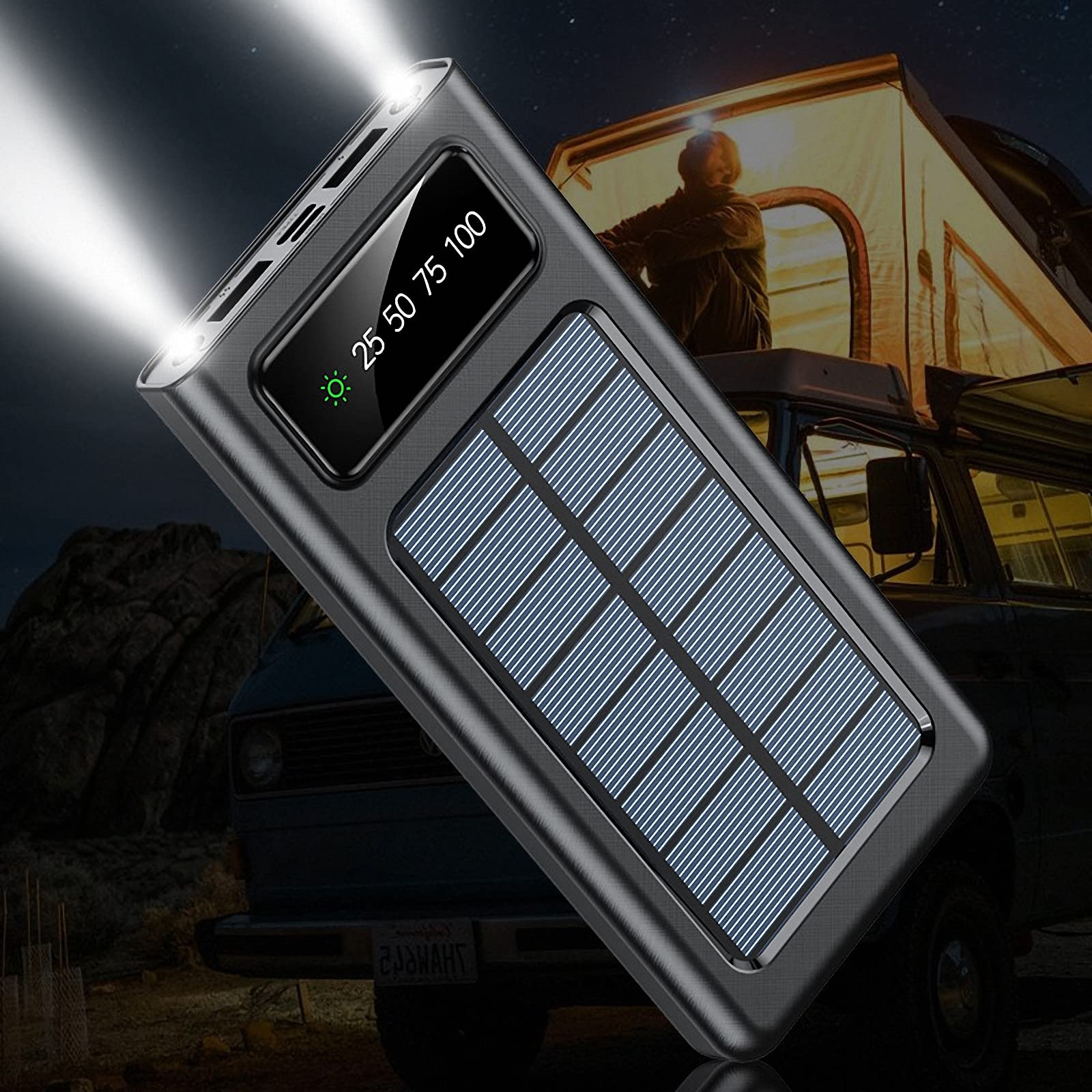 Powerbank solarny 2000 mAh, zewnętrzna bateria zapasowa o dużej pojemności ze światłami LED, w zestawie z kablem do ładowania, prezenty dla przyjaciół i krewnych, kompatybilna ze smartfonami, czarny, 20000 mAh