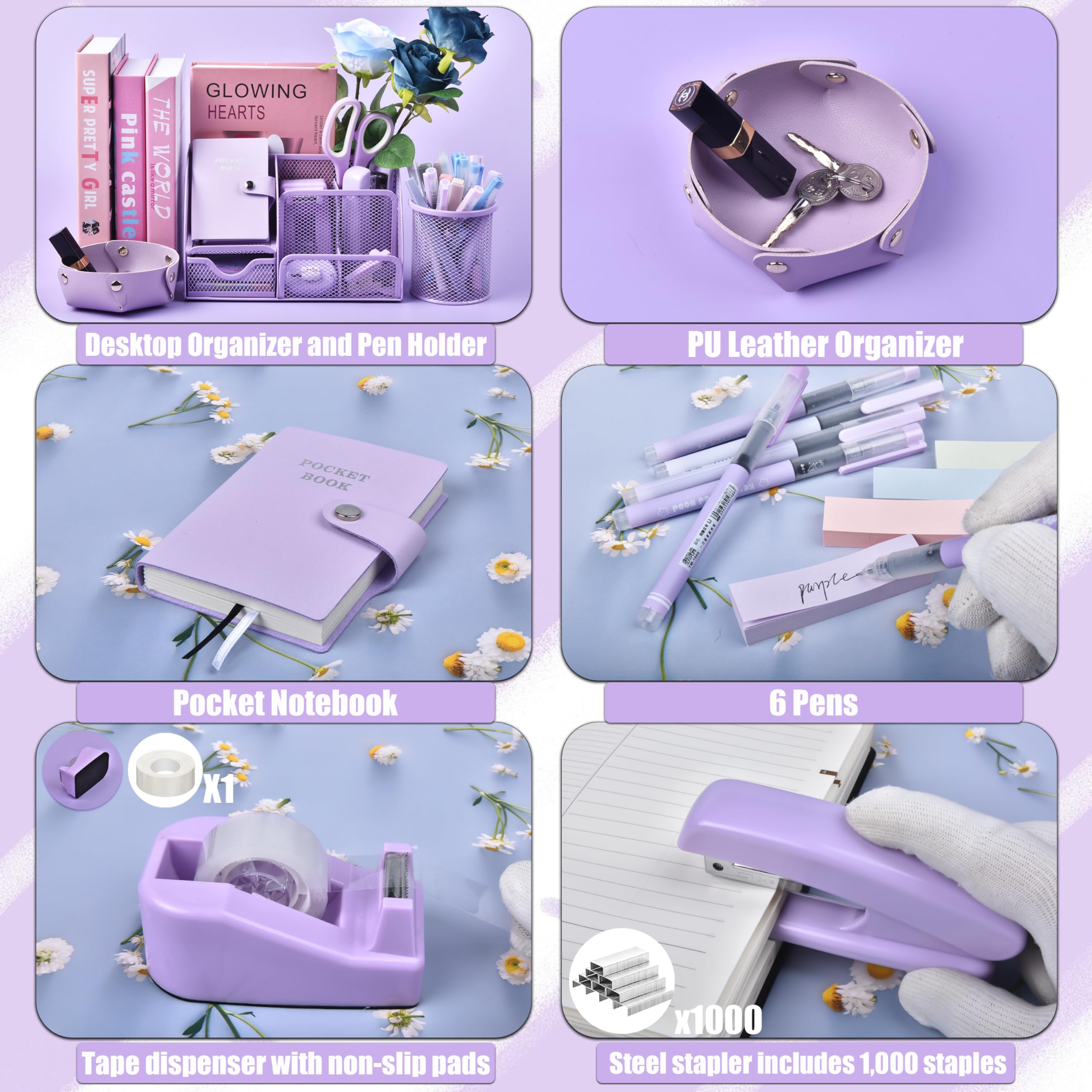 Accessori da scrivania viola, set da 24 pezzi per ufficio e organizer da scrivania, con dispenser per nastro, cucitrice, levapunti, ecc, riempi la tua scrivania con bei colori