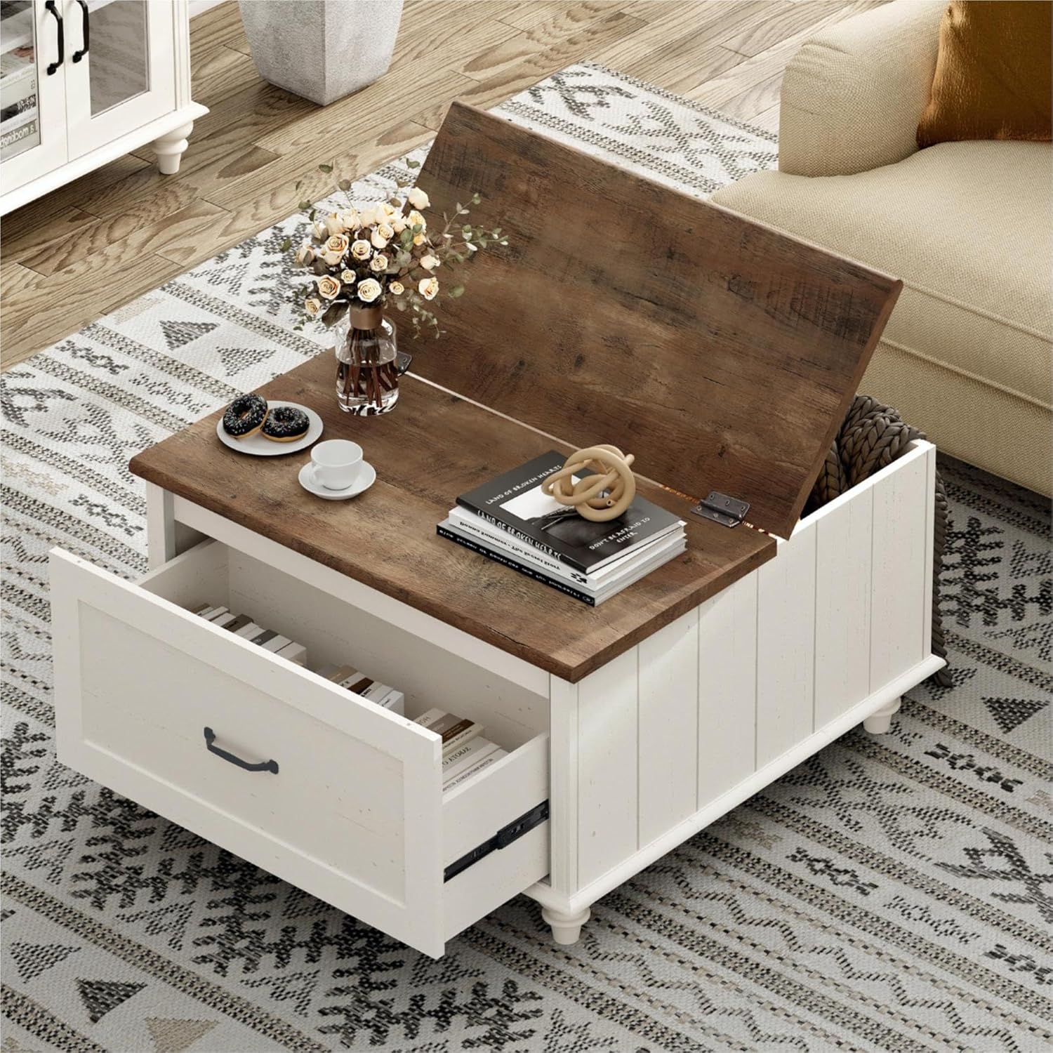 WAMPAT Farmhouse TV Stand and Coffee Table Set of 2, Square Coffee Table with Lift Top & Drawer, White Entertainment Center for 70 Inch TV, 2 Piece Living Room Table Set, White