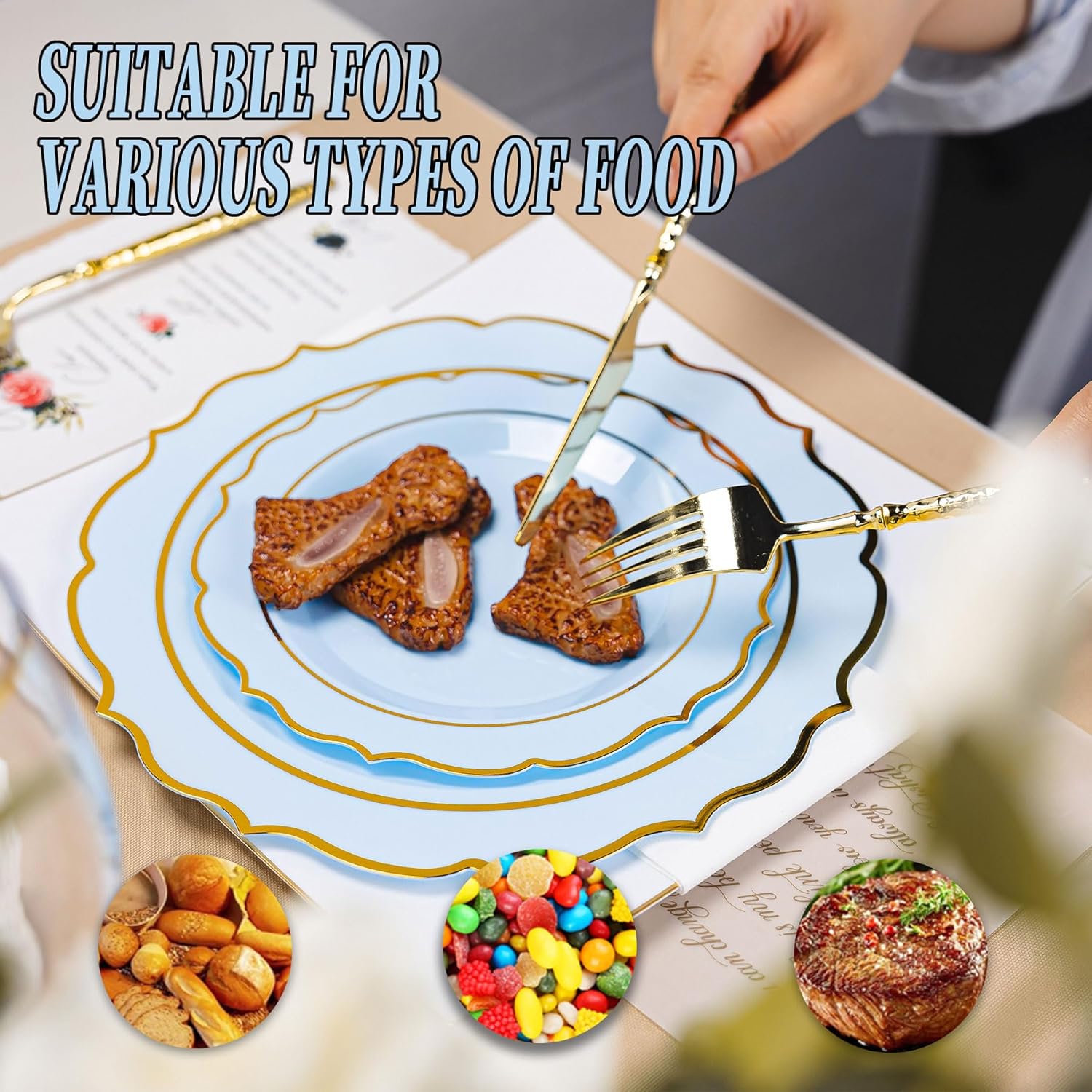 120PCS Blue Plastic Plates, Disposable Elegant Party Plate with Gold Rim, Heavy Duty 60 Dinner and 60 Dessert Fancy Plates for Party and Wedding