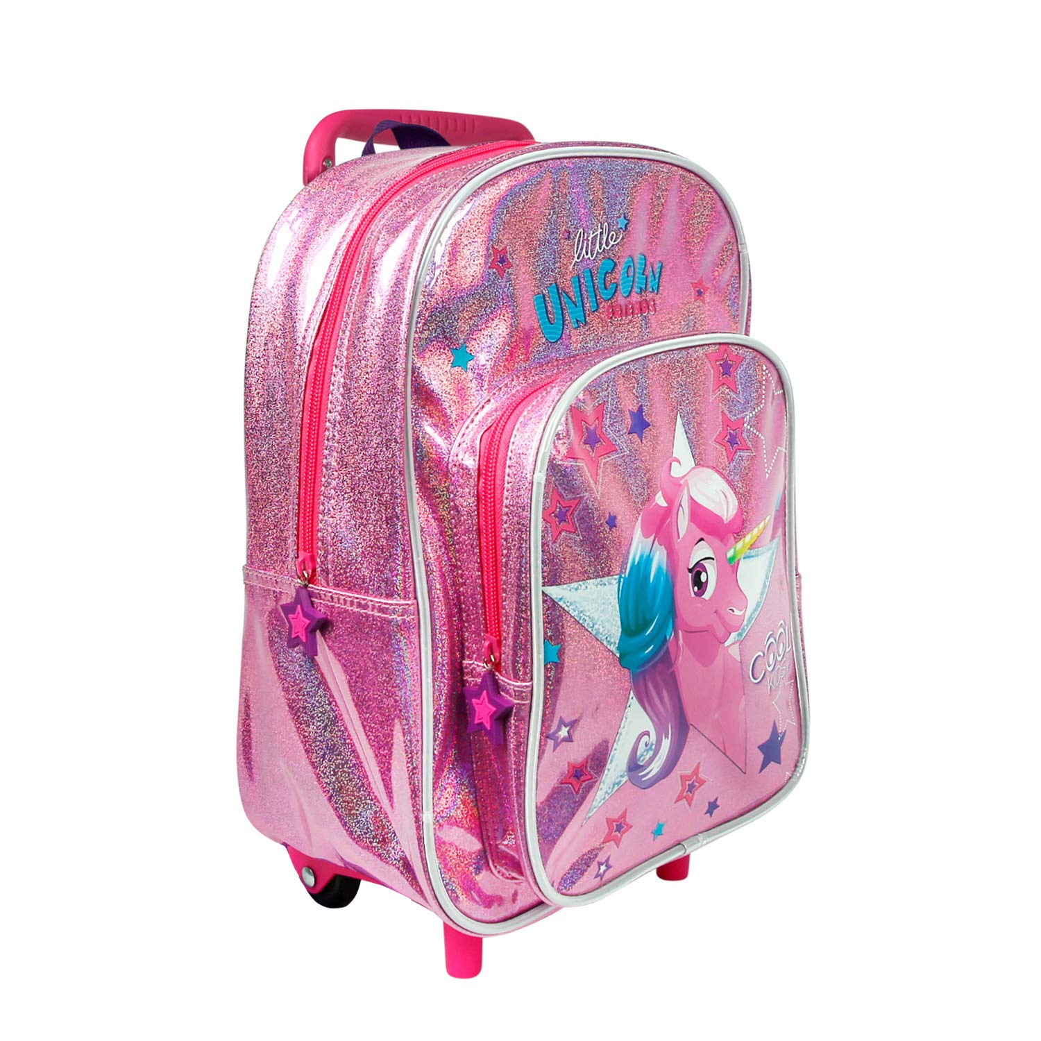 PERLETTI Mochila Trolley Unicornio Niña 2/5 Años con Bolsillo - Bolsa Infantil con Ruedas para Escuela Guardería Jardin de Infancia y Viajes - Detalles Reflectantes - 32x23x15cm