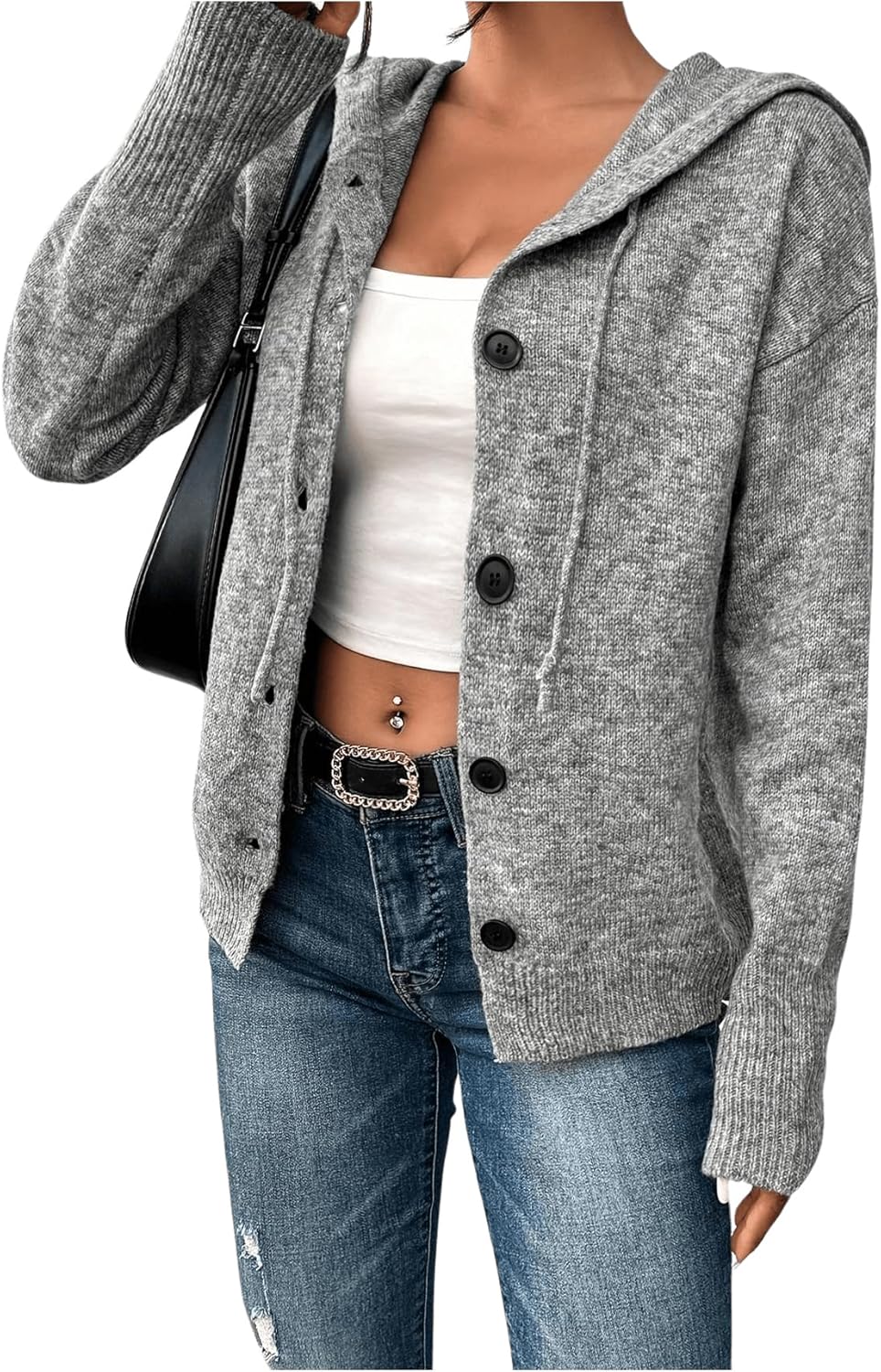 RoseSeek Women's Hooded Cardigan Sweater Long Sleeve Button Front Ribbed Knit Jacket Cardigan Trendy