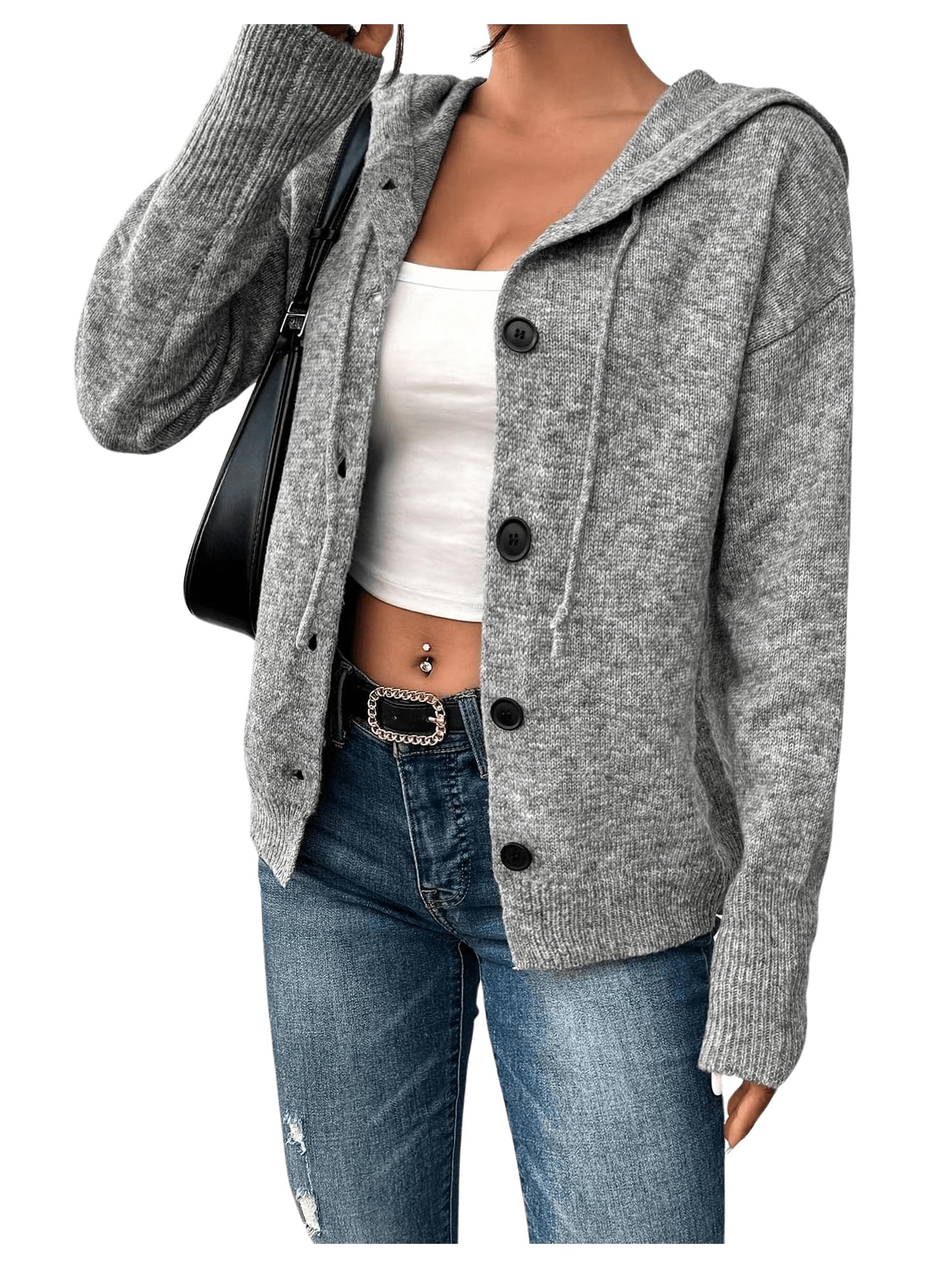 Womens Hooded Cardigan Sweater Long Sleeve Button Front Ribbed Knit Jacket Cardigan Trendy